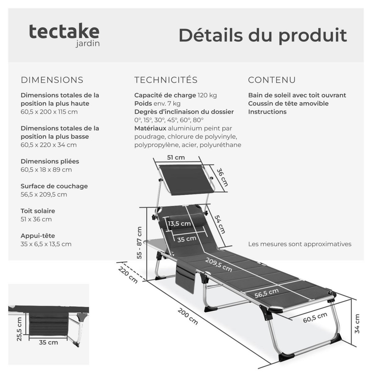 tectake Bain de soleil rembourré et pliable gris
