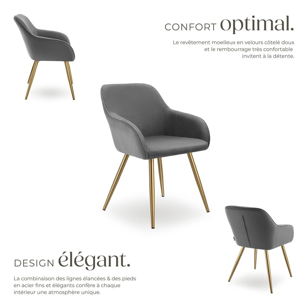 tectake Chaise de salle à manger rembourrée en velours côtelé gris/jaune or Lot de 2