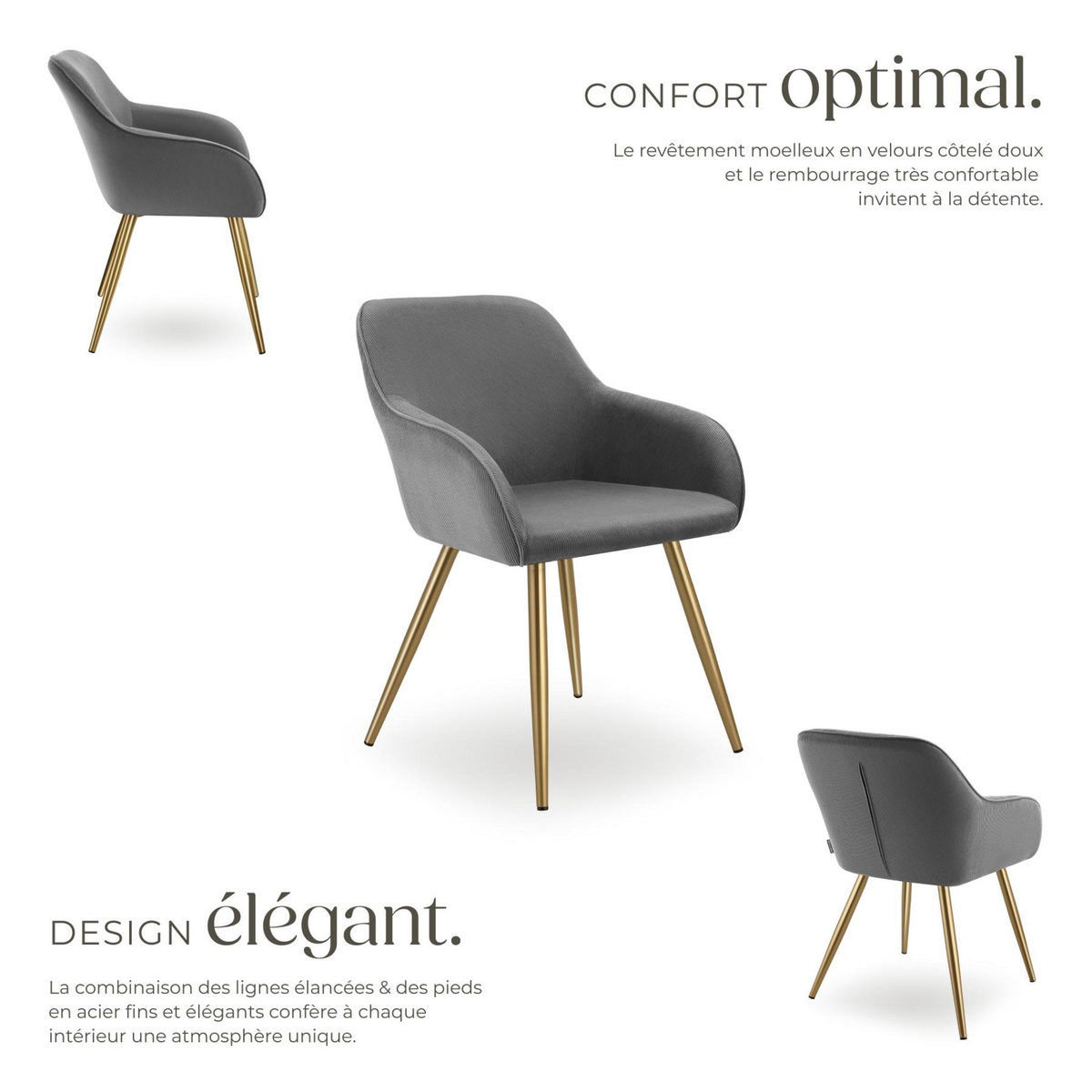 tectake Chaise de salle à manger rembourrée en velours côtelé gris/jaune or Lot de 2