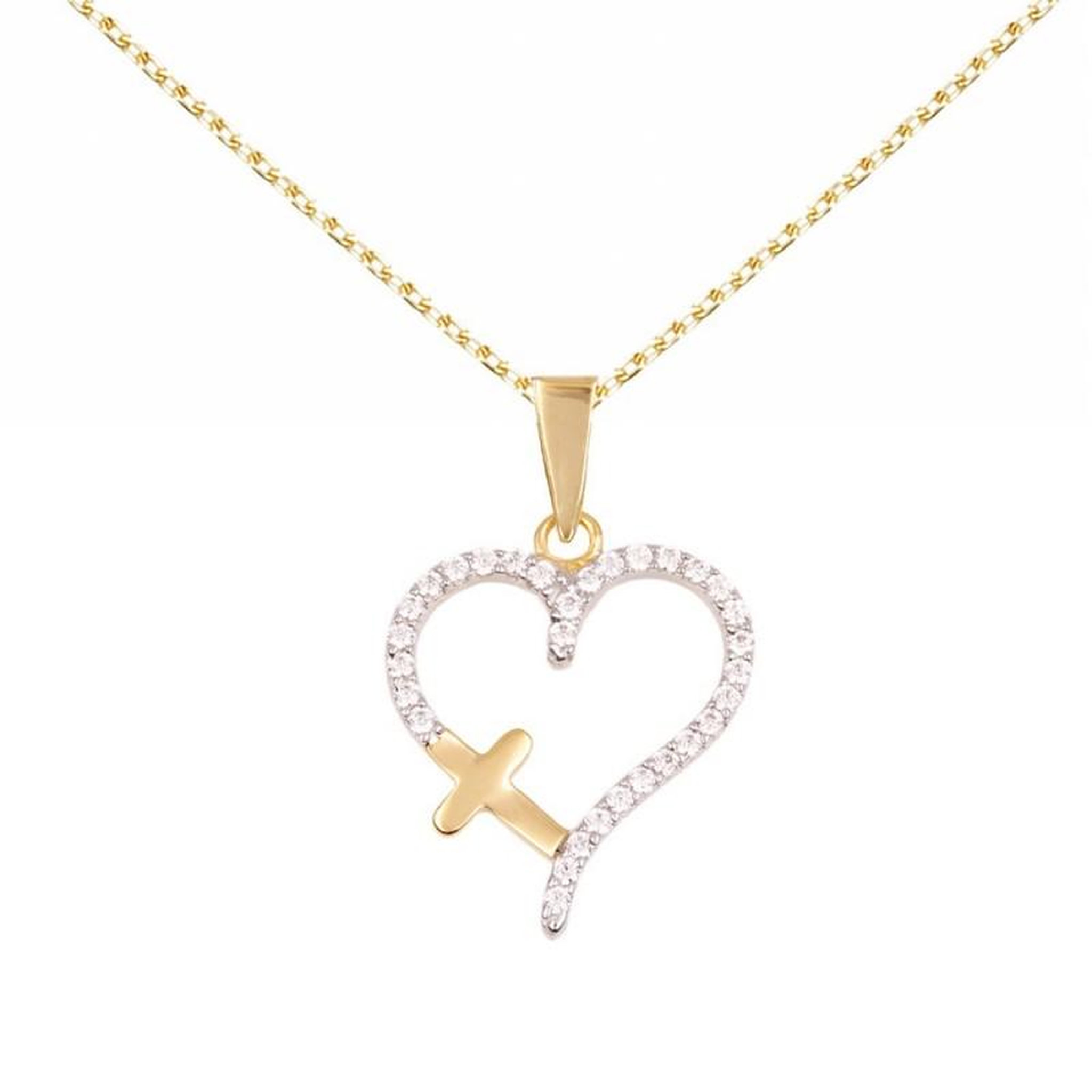 L'ATELIER D'AZUR Collier - Pendentif Or Jaune et Zirconiums - Motif Coeur et Croix - Chaine Dorée
