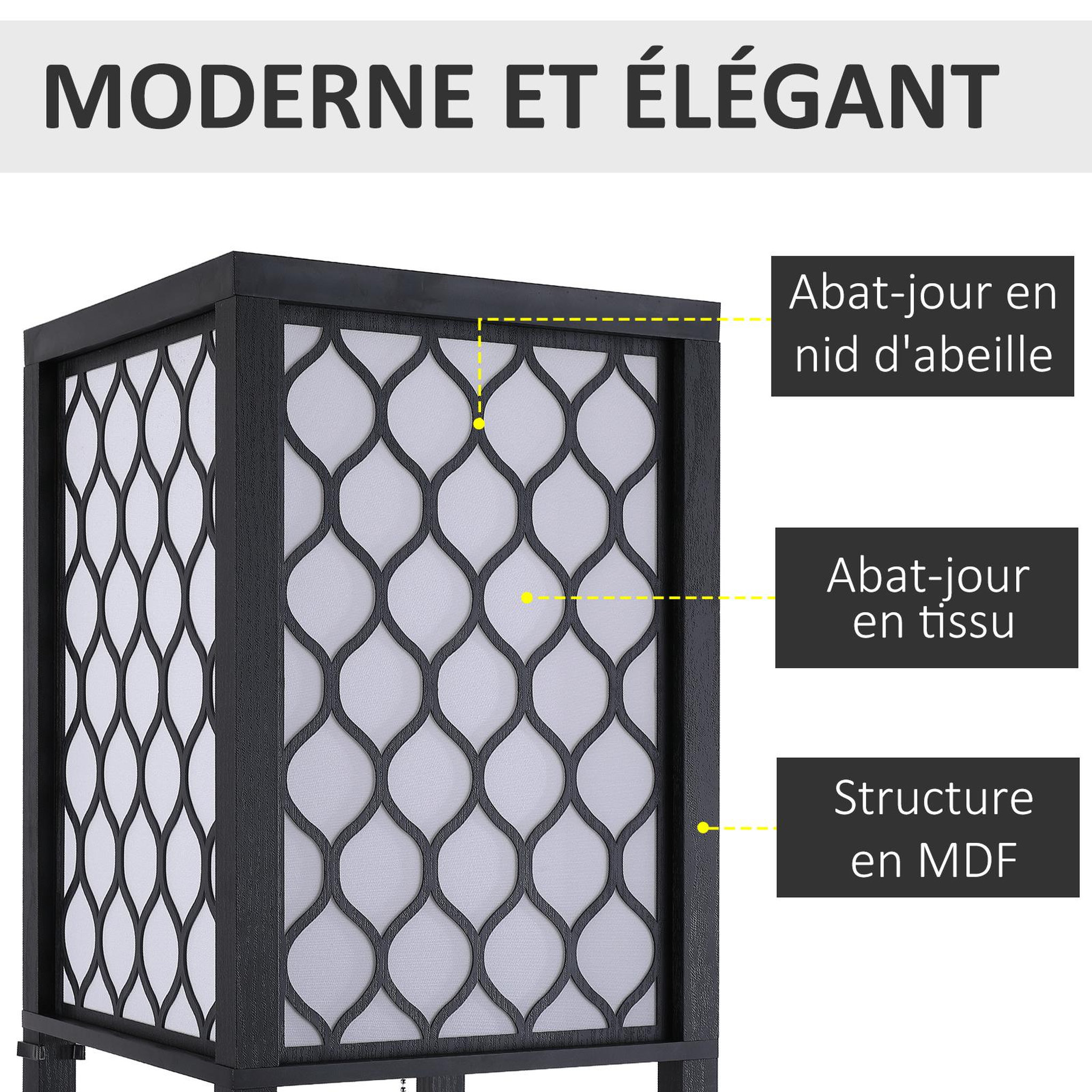 Voir la diapositive 4 : HOMCOM Lampadaire étagère lampe étagère 26l x 26l x 160h cm 3 étagères 4 niveaux mdf noir motif nid d'abeille