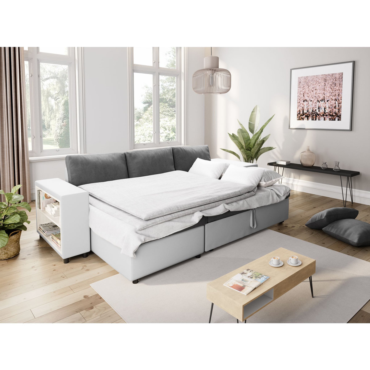 Canapé d'angle convertible avec coffre 3 places + 2 poufs à droite et étagère à gauche MACHA