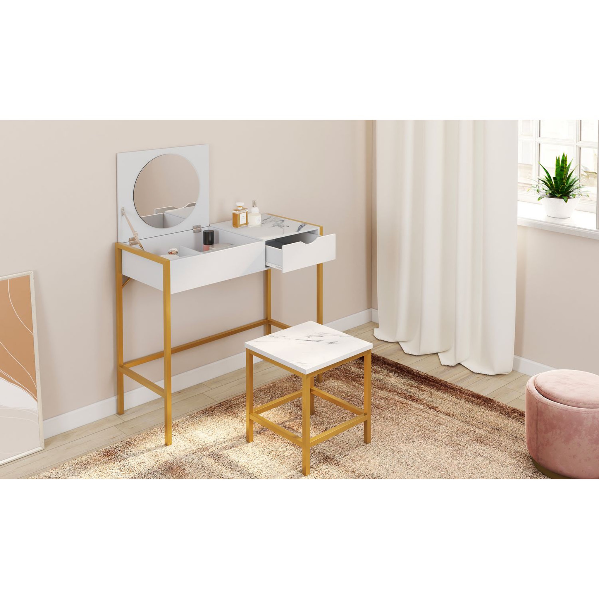 Voir la diapositive 6 : Coiffeuse avec miroir rabattable et tabouret effet marbre BELLE