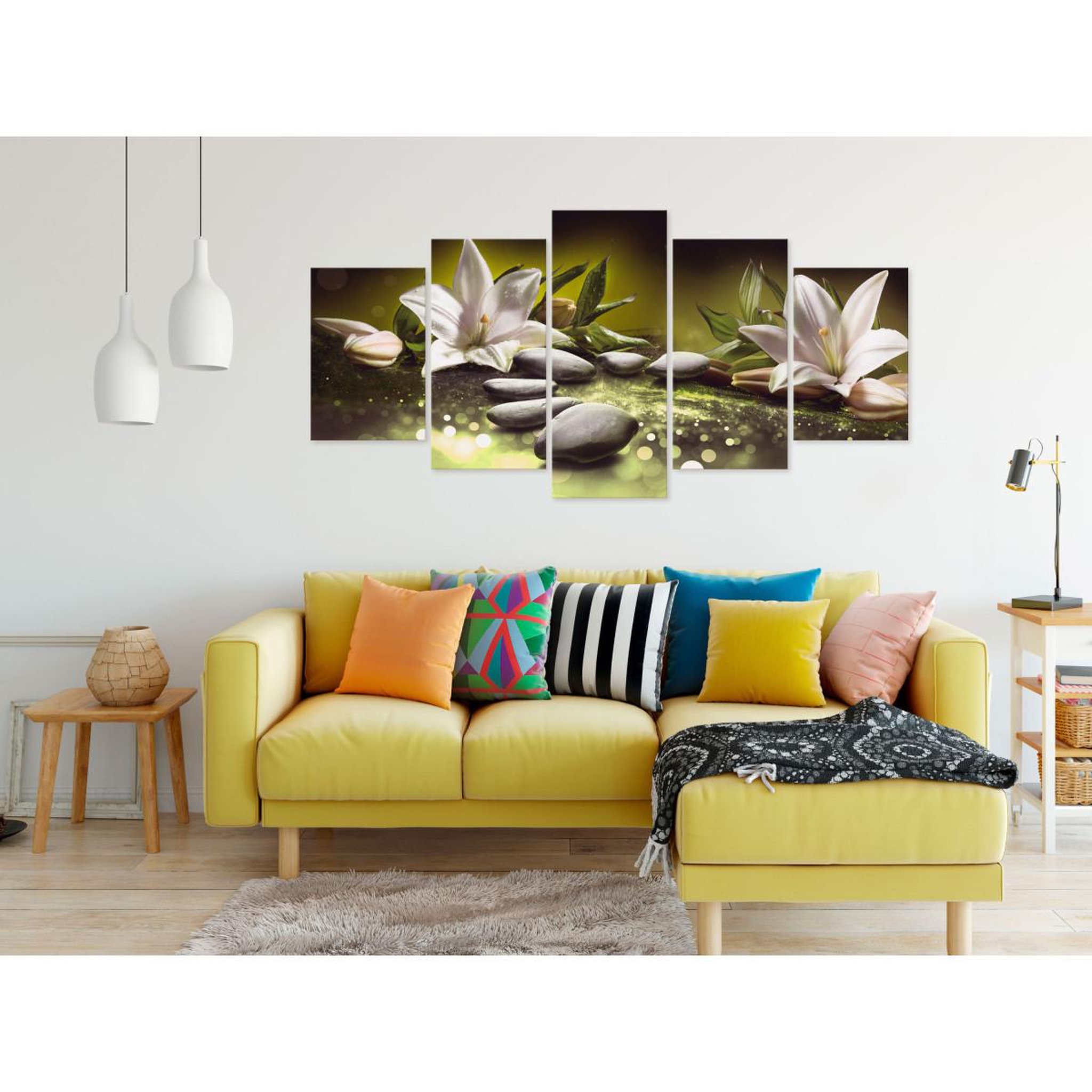 Voir la diapositive 2 : Paris Prix Tableau 5 Panneaux  Lilies & Stones Wide Green