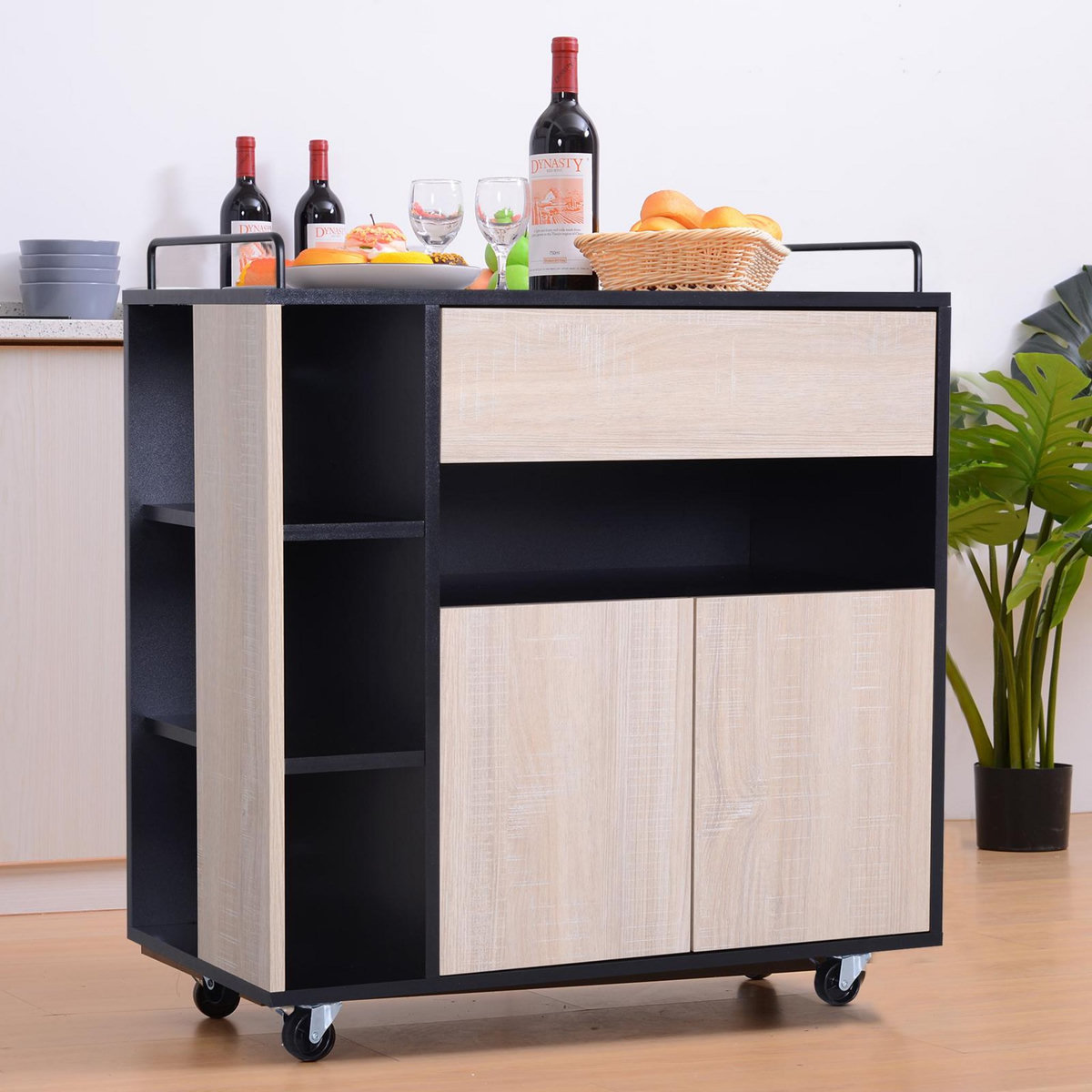 HOMCOM Chariot de service desserte de cuisine à roulettes multi-rangements placard double portes + 3 étagères + niche + tiroir panneaux particules noir chêne