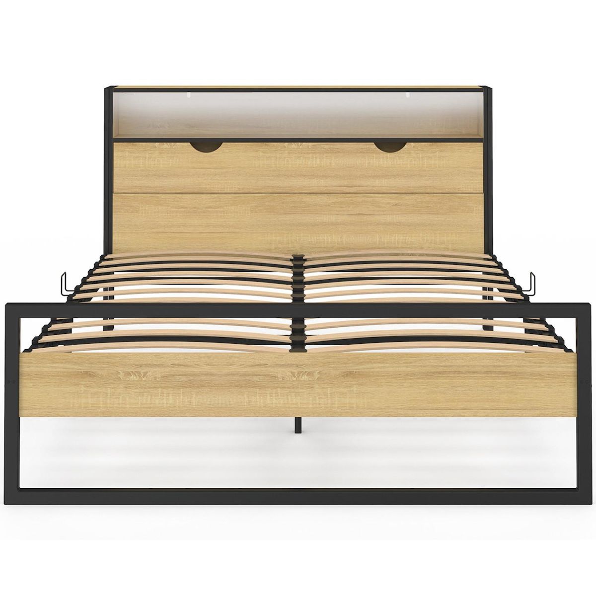 ID MARKET Lit double DETROIT LED intégrés dans la tête de lit et sommier 140 x 190 cm effet bois et métal noir design industriel