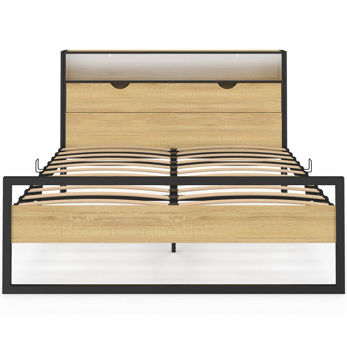 ID MARKET Lit double DETROIT LED intégrés dans la tête de lit et sommier 140 x 190 cm effet bois et métal noir design industriel