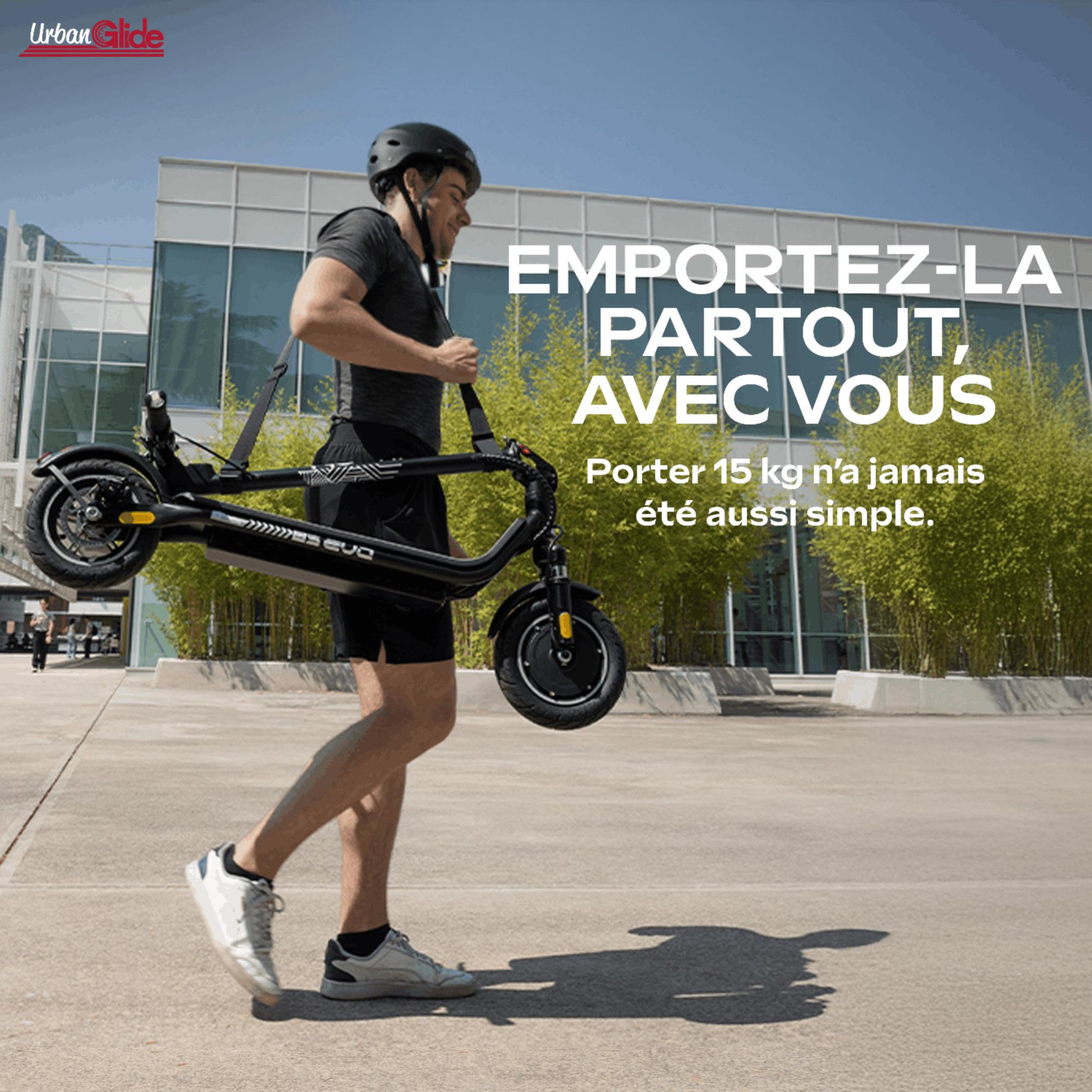Voir la diapositive 4 : URBANGLIDE 85 evo – poids 15kg – pneu 8,5  gonflable – trottinette électrique urbanglide – autonomie jusqu'a 15 km – batterie 25.2v