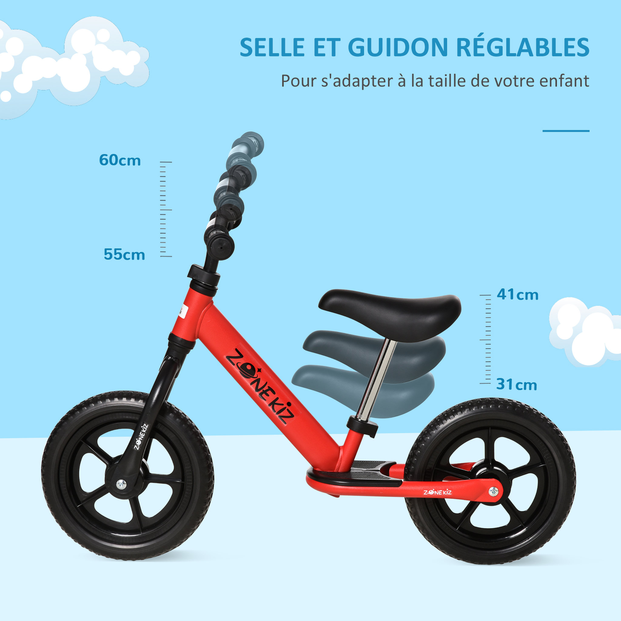 Voir la diapositive 5 : HOMCOM Draisienne enfant roues 12  EVA hauteur selle et guidon réglable cale-pied antidérapant acier rouge noir