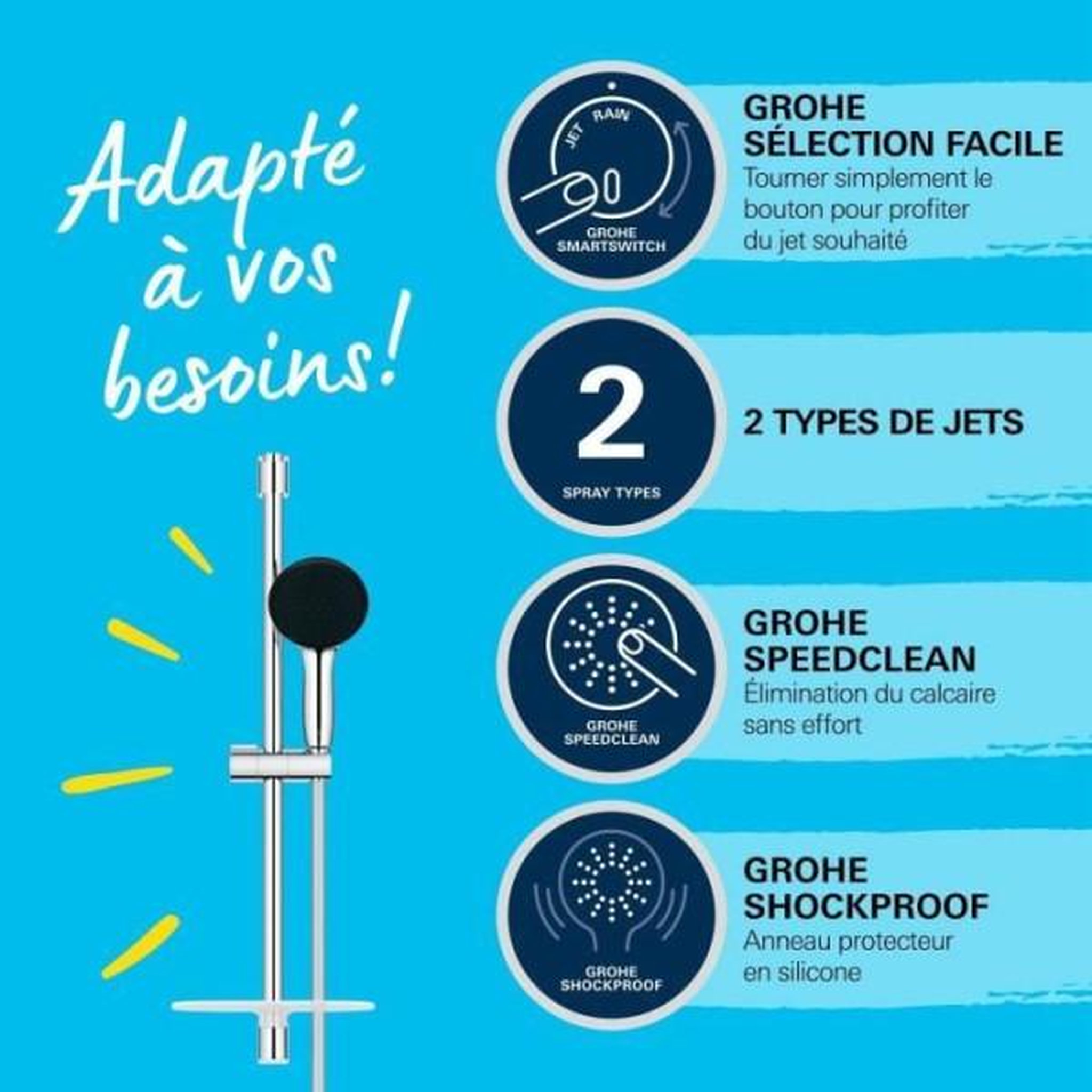 Voir la diapositive 4 : Grohe Ensemble de douche avec pommeau 2 jets, barre 60cm, flexible et tablette- GROHE Vitalio Start 110 26952001 - Economie d'eau - Ch