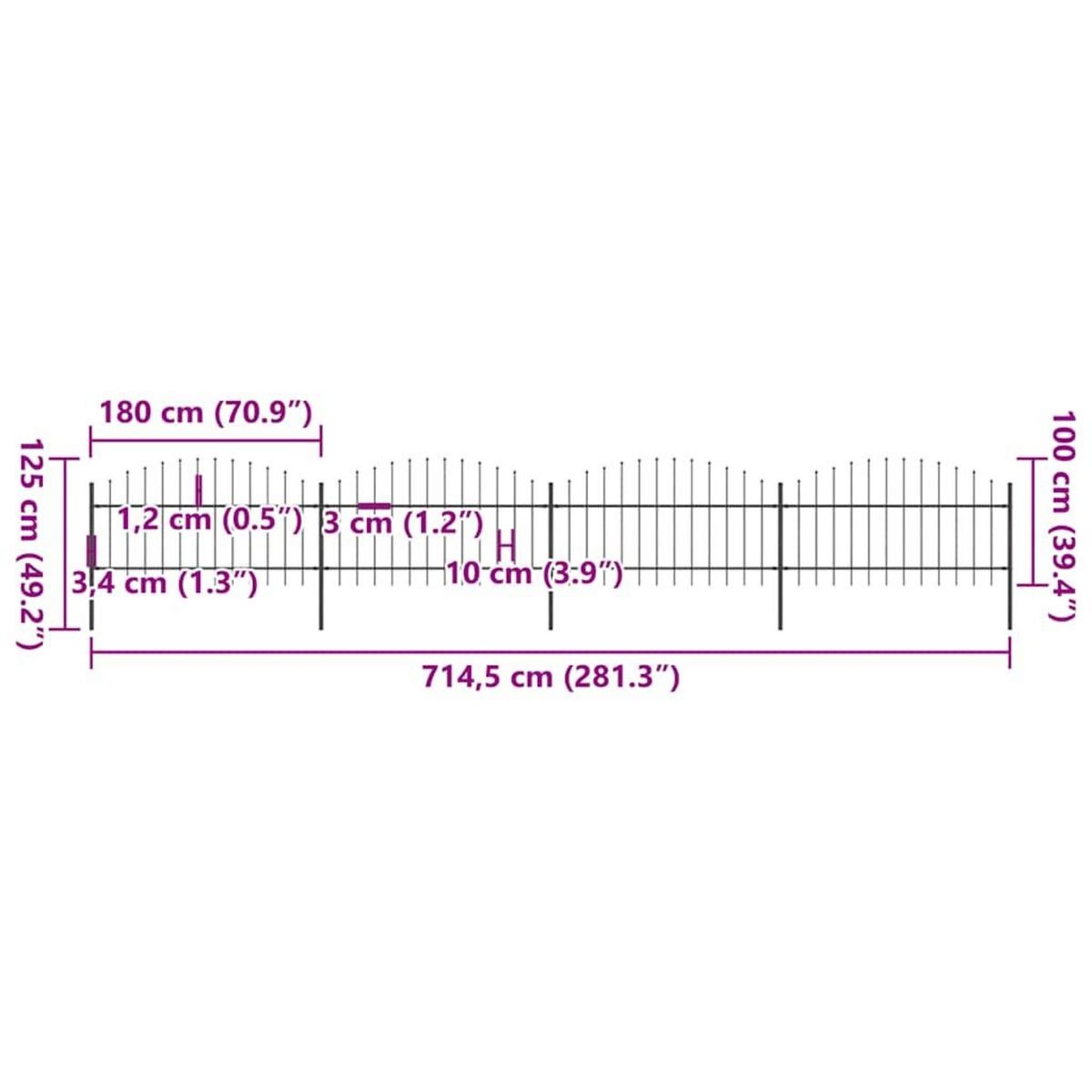 VIDAXL Cloture de jardin avec dessus en forme de lance en acier 714,5 x 125 cm Noir