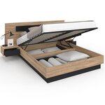 ID MARKET Lit coffre double SANTA avec tête de lit + tables de chevets intégrées et sommier 140 x 190 cm bois et noir