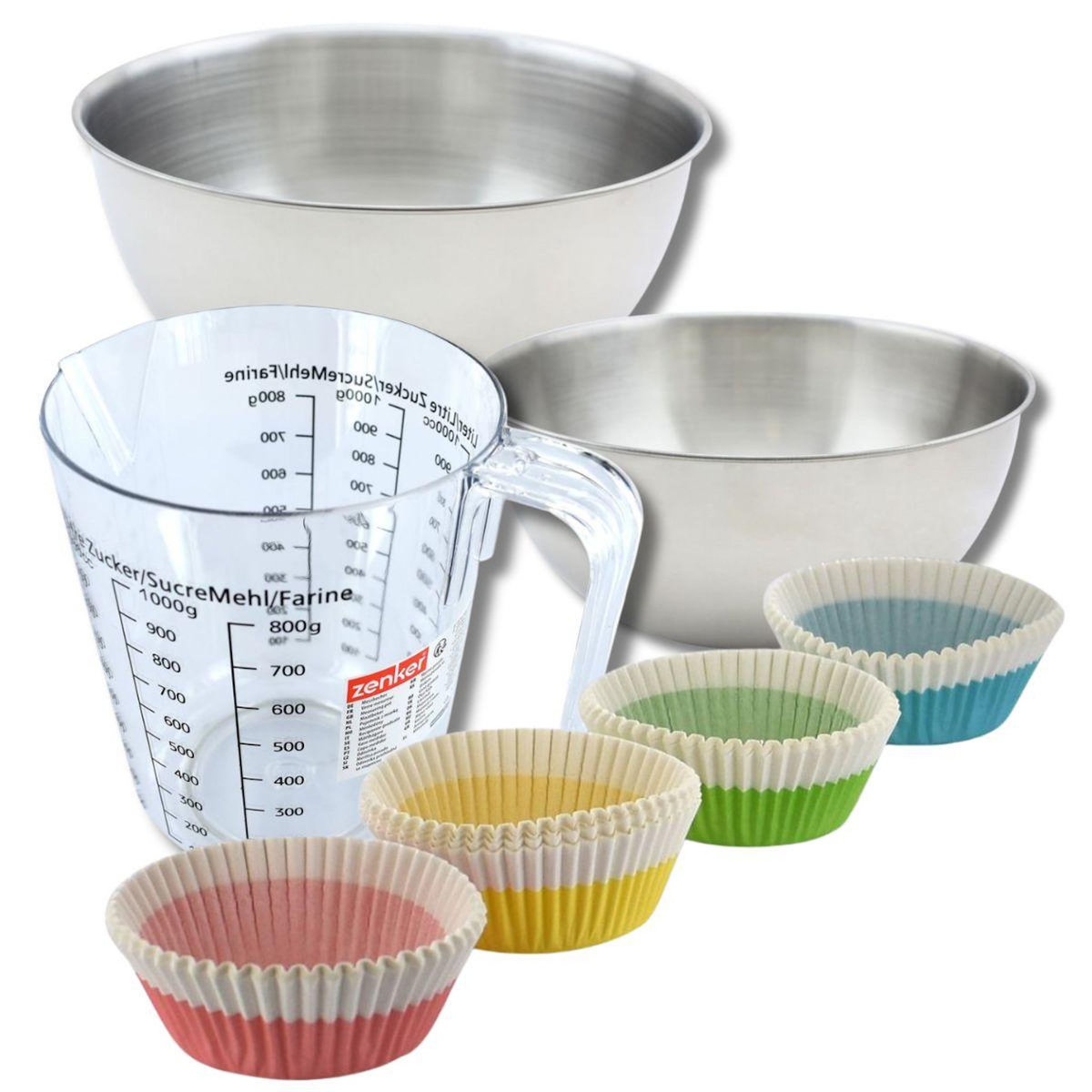 ZENKER Set pâtisserie avec 100 moules à muffins papier 5 cm, 2 bols à mixer, verre mesureur et spatule Zenker
