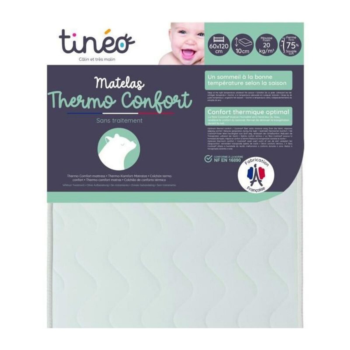 TINEO Matelas Thermo confort - 60 x 120 x 10 cm - Blanc - TINEO