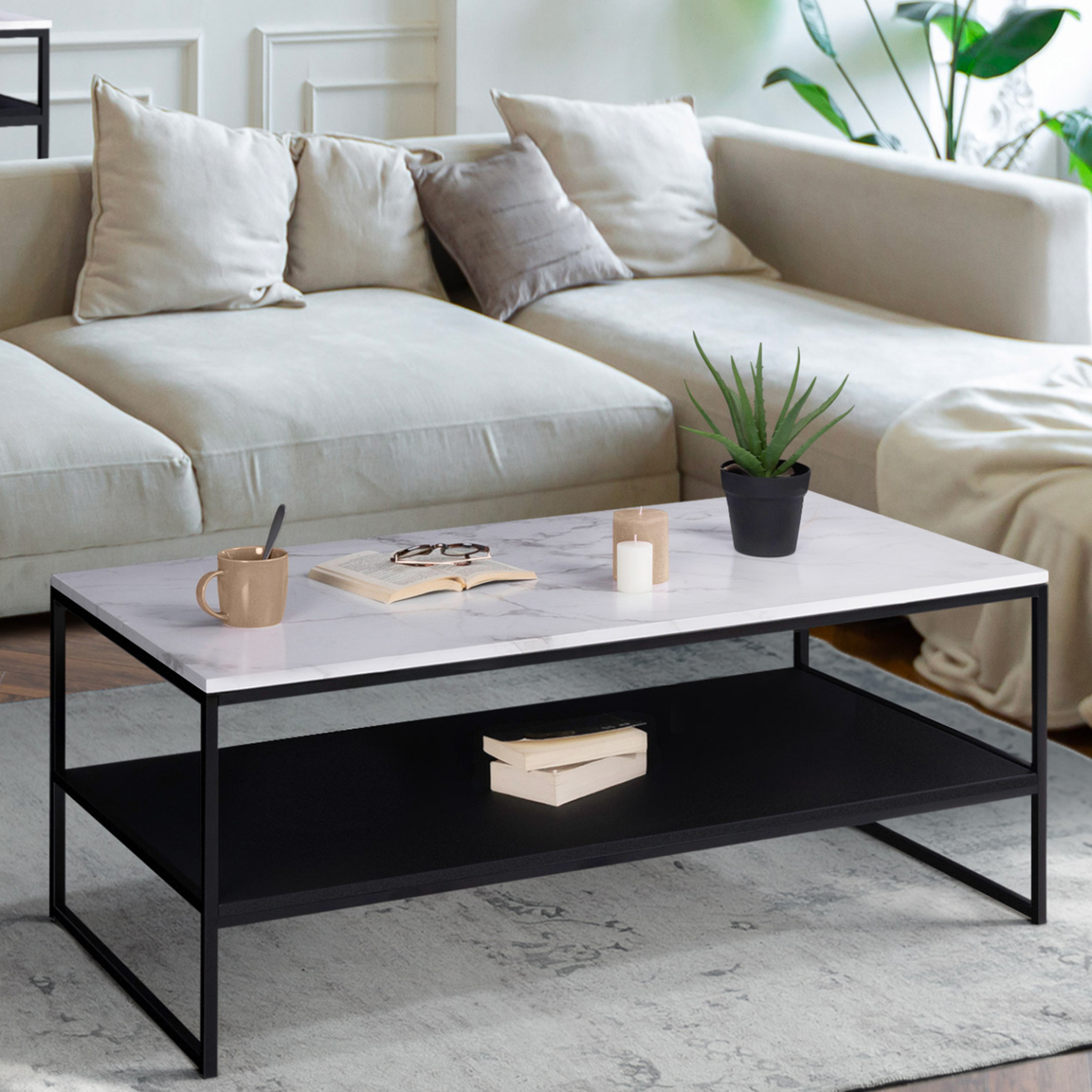 Voir la diapositive 2 : ID MARKET Table basse alaska double plateau effet marbre et noir pieds métal