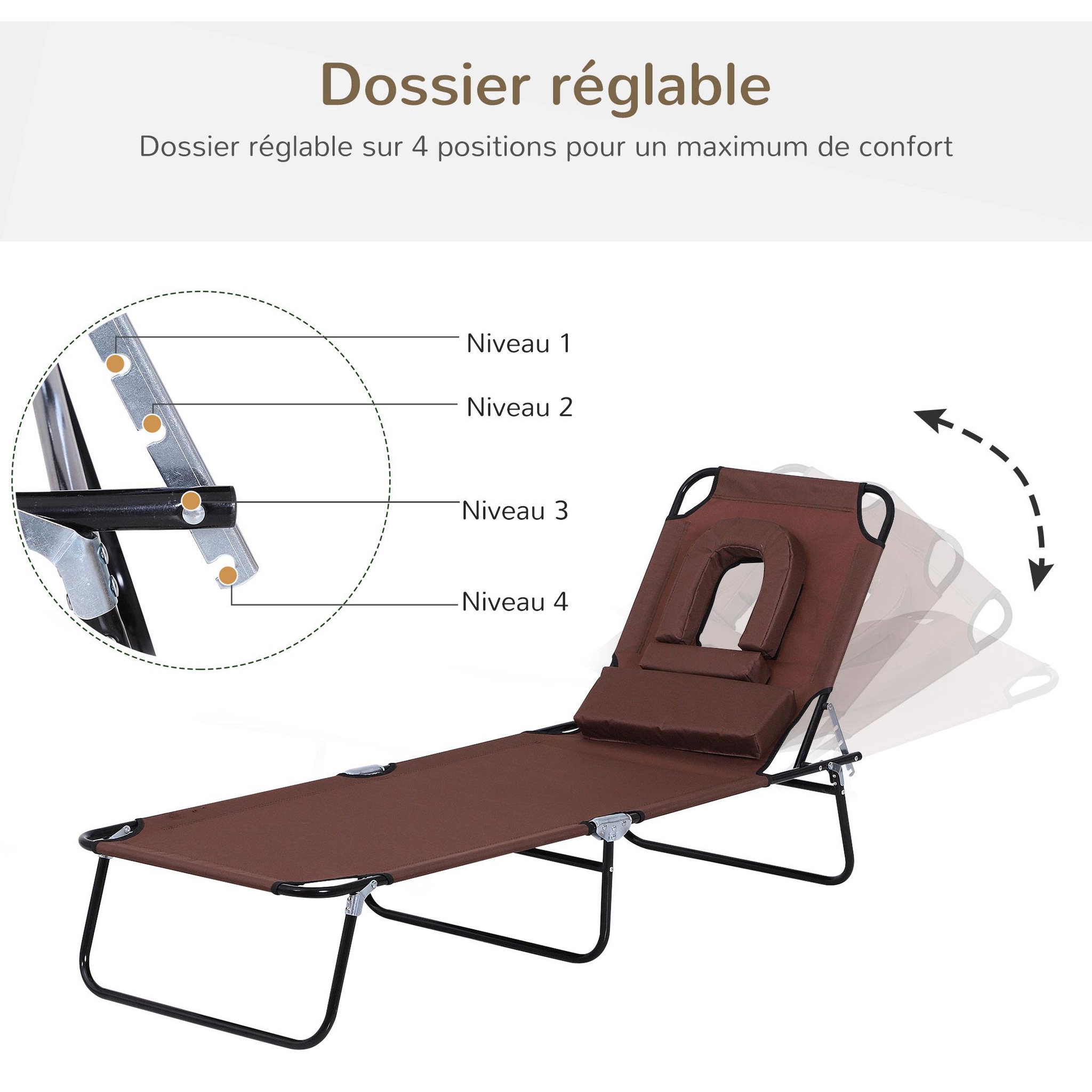 Voir la diapositive 4 : OUTSUNNY Bain de soleil pliable transat inclinable 4 positions chaise longue de lecture 3 coussins fournis marron