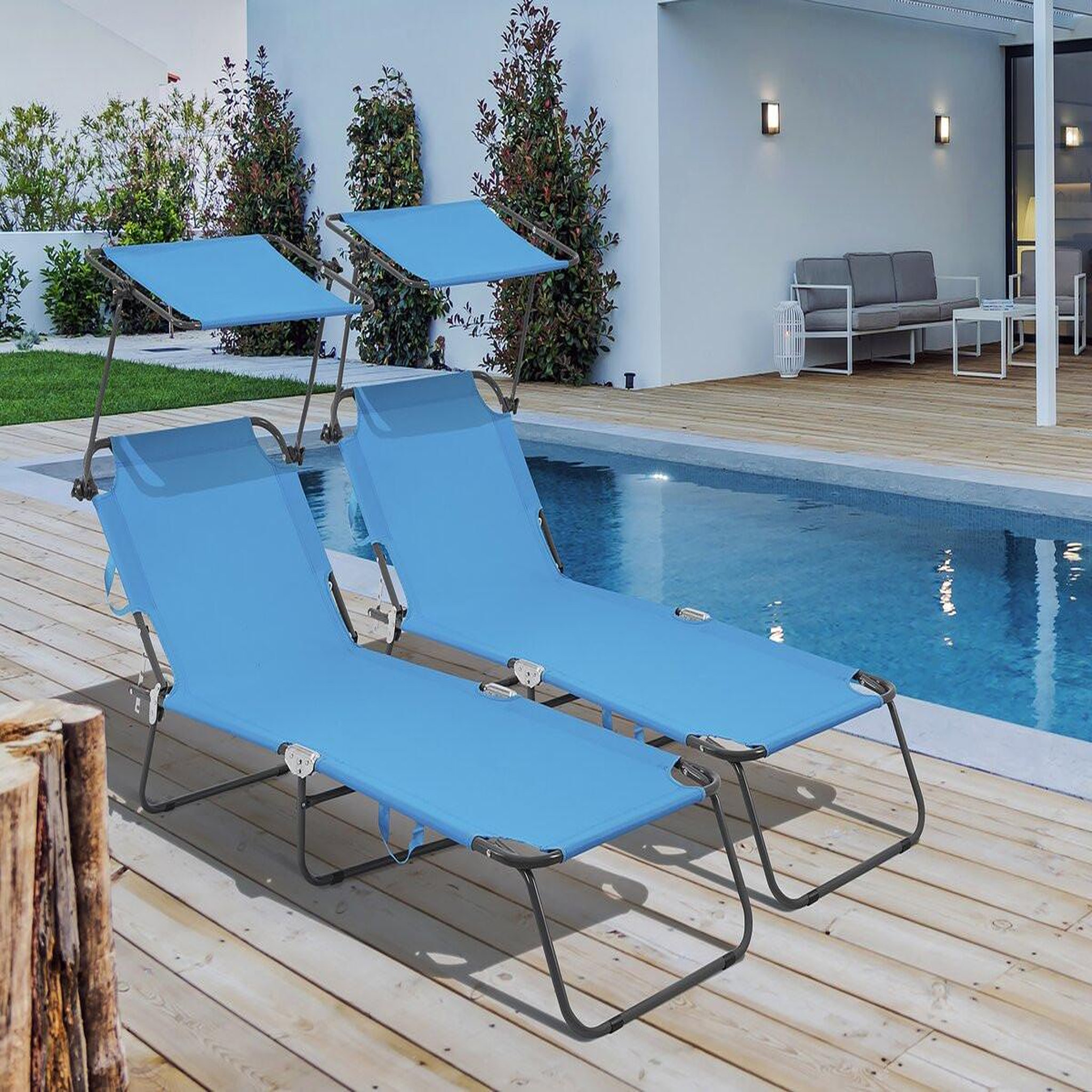 Voir la diapositive 2 : Habitat et Jardin Lot de 2 bains de soleil pliable  lazy  - avec pare soleil - bleu