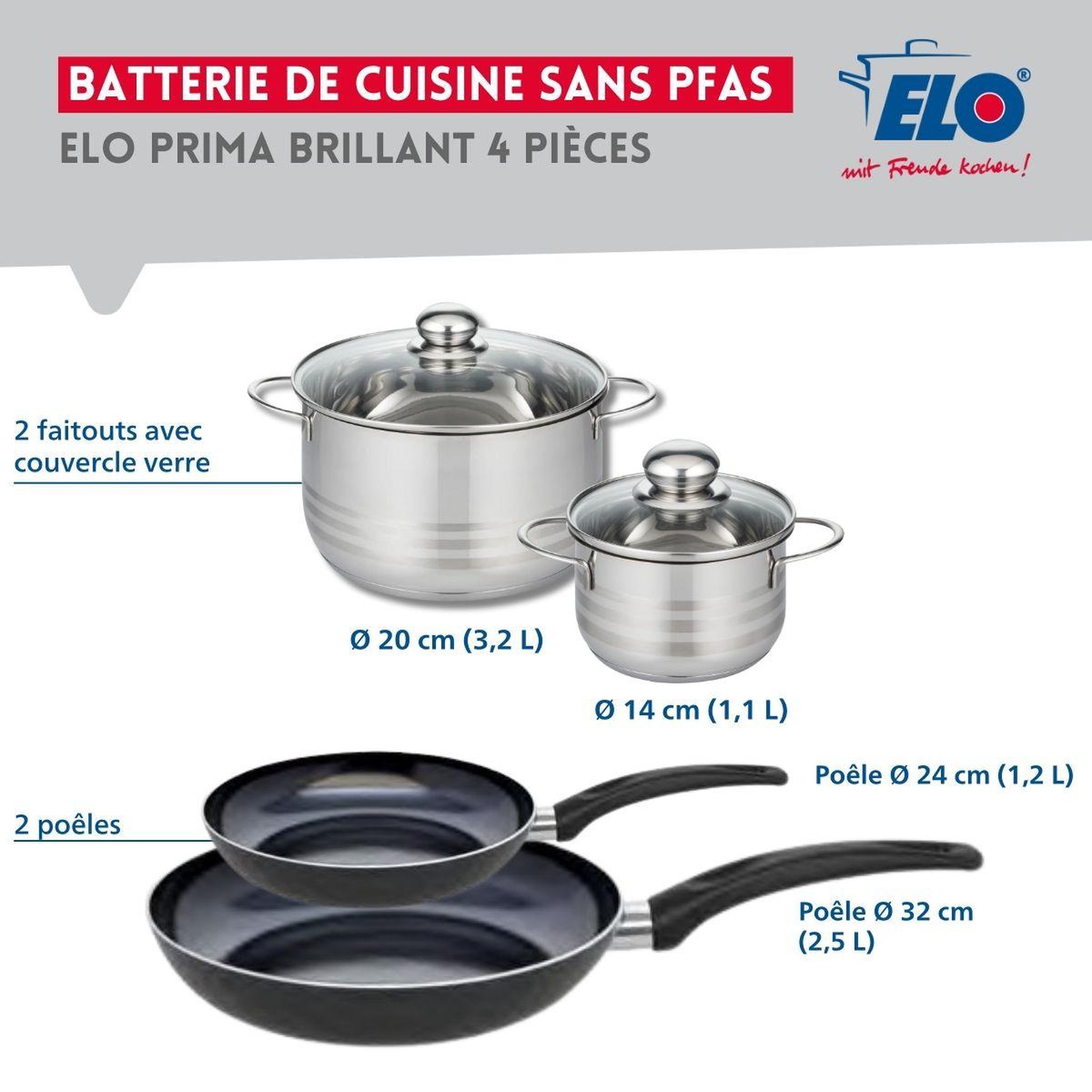 Voir la diapositive 2 : ELO Ensemble de 2 poêles de cuisson 24 et 32 cm et 2 faitouts 14 et 20 cm elo prima brillant