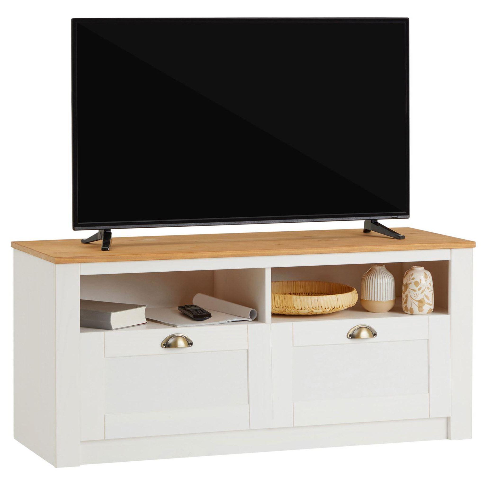 Voir la diapositive 1 : IDIMEX Meuble tv bolton 2 tiroirs et 2 niches, en pin massif