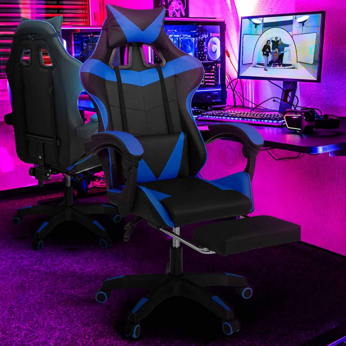 ID MARKET Fauteuil de gaming ALEX réglable avec repose-pied, coussin de tête et coussin lombaire noir et bleu