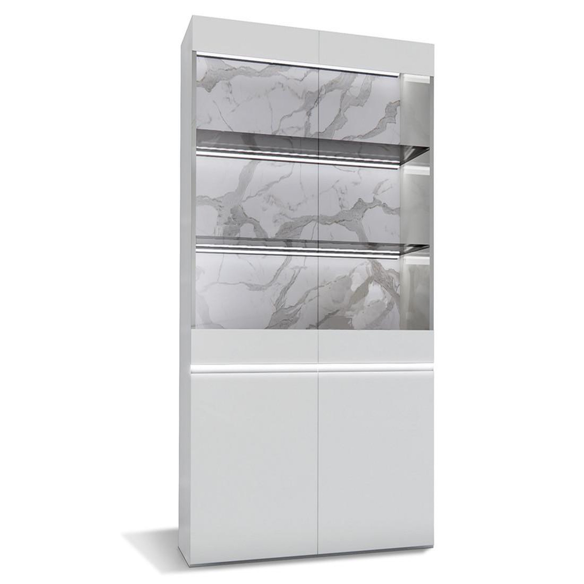 Voir la diapositive 2 : BEST MOBILIER Amaury - vitrine - blanc - fond effet marbre - 115x185 cm