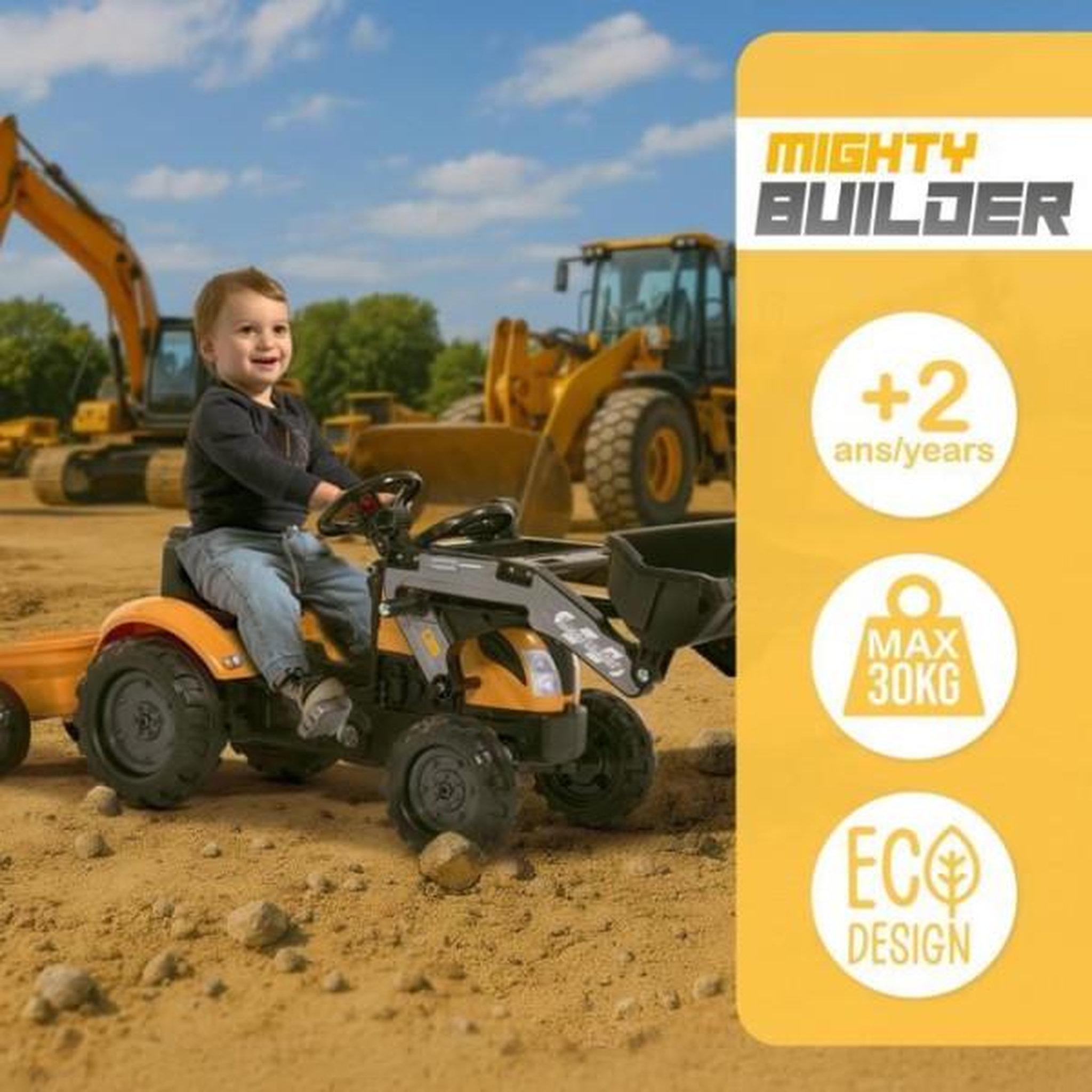 Voir la diapositive 4 : FALK Tracteur a pédales Mighty Builder - FALK - Avec remorque - Jaune - 100% Fabriqué en France - 50% de plastique recyclé - Des 2