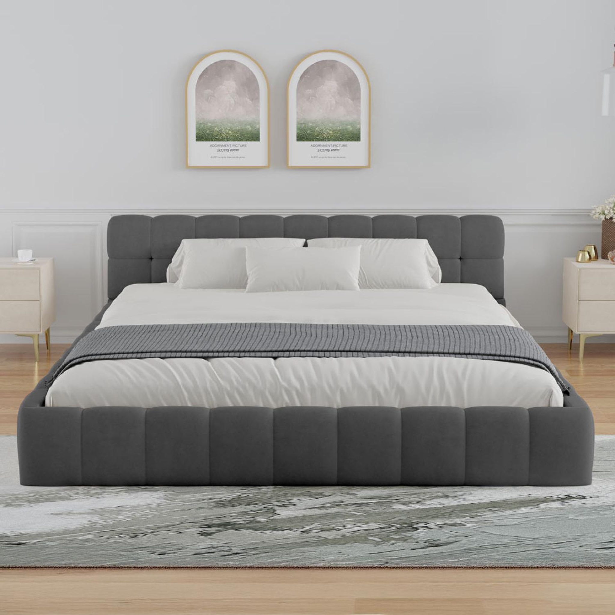 Voir la diapositive 3 : CONCEPT USINE Lit style nuage 140x190cm en velours gris kansas