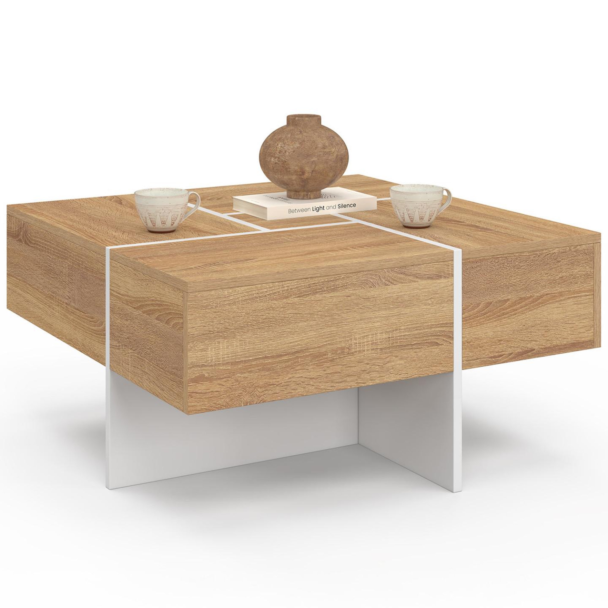 Voir la diapositive 4 : ID MARKET Table basse carrée talia 70 cm avec tiroirs bois et blanc