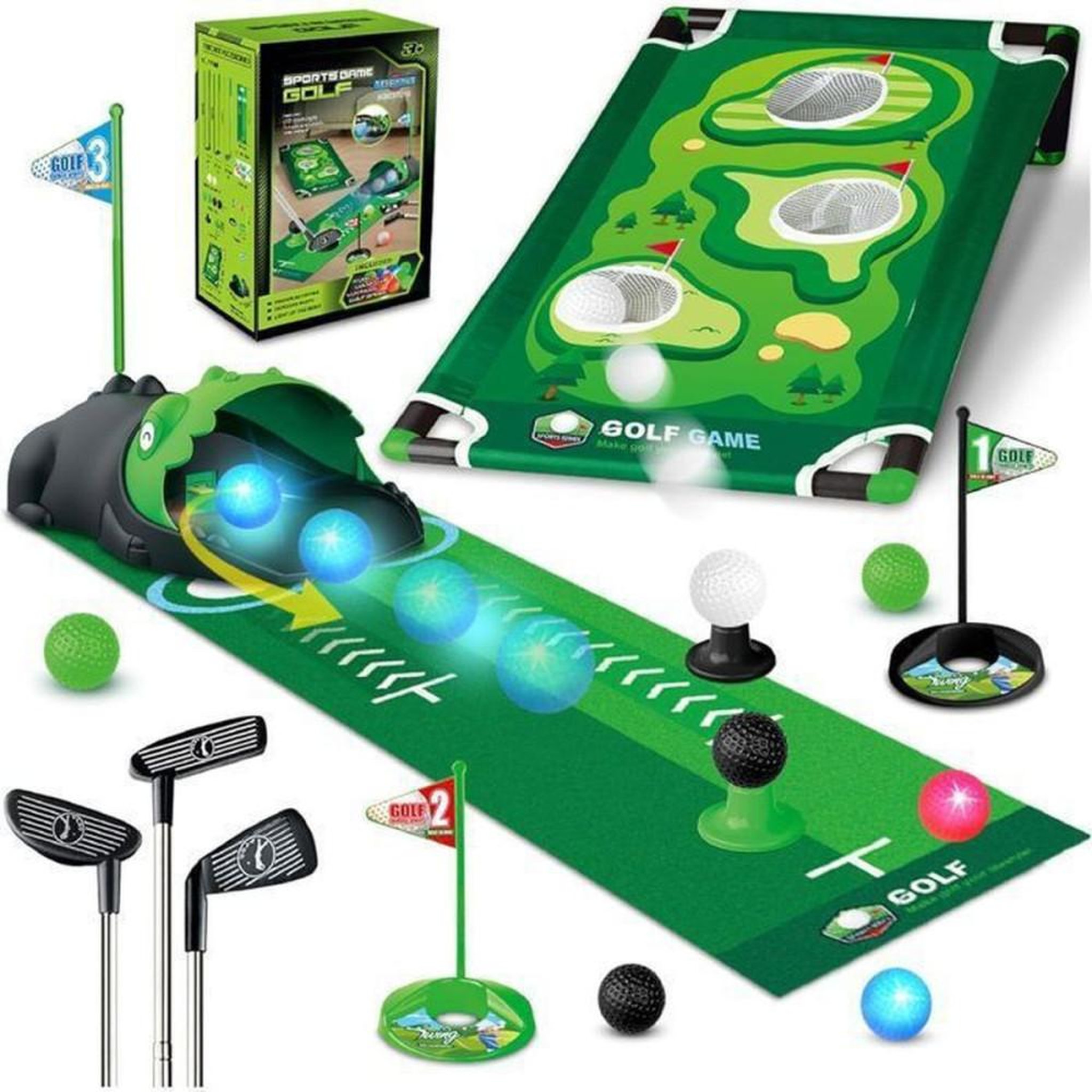 Set mini-golf d'intérieur 3-en-1 LED enfant avec retour automatique dinosaure et plateau Cornhole, tapis de putting, 2 à 7 ans