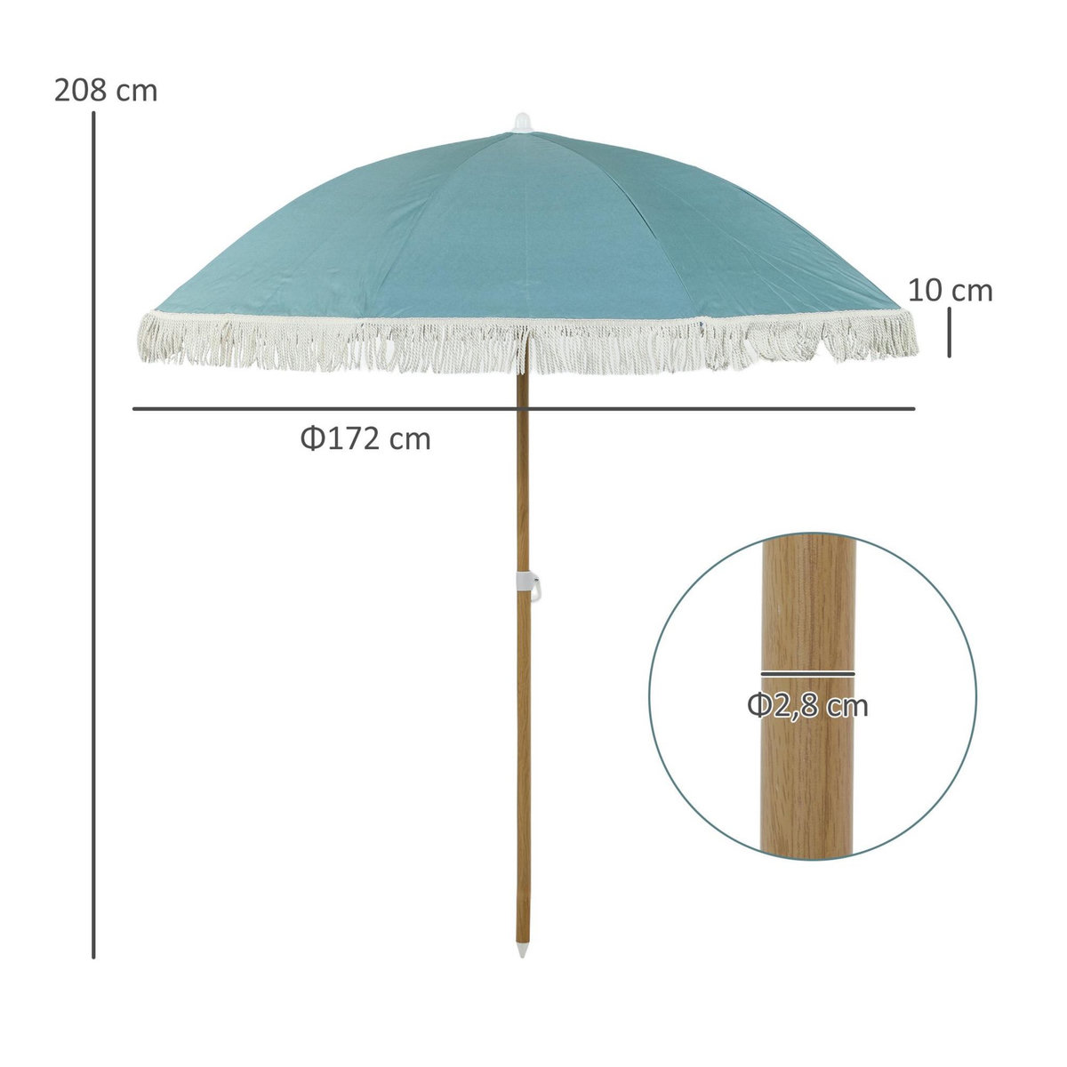OUTSUNNY Parasol de plage design à franges dia. 1,7 m H. réglable mât effet bois tissu UPF50+ sac transport bleu