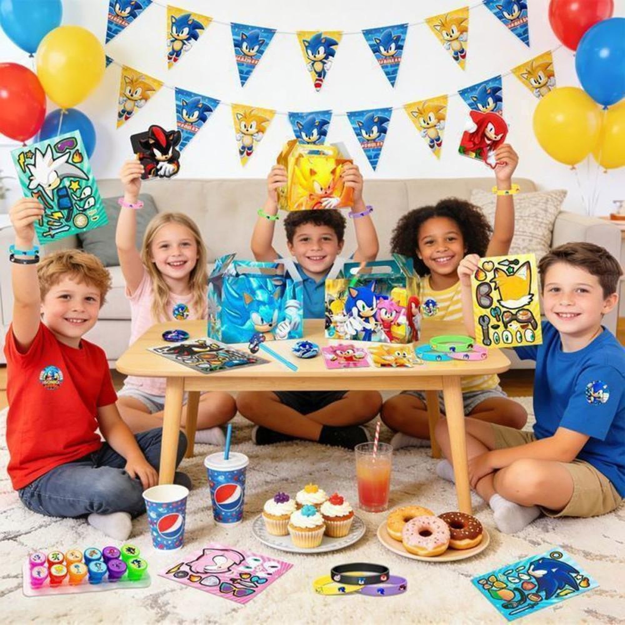 Voir la diapositive 6 : Kit fête à thème Sonic pour 12 enfants : 12 sacs cadeaux, 25 tatouages éphémères, badges, stickers et carnets