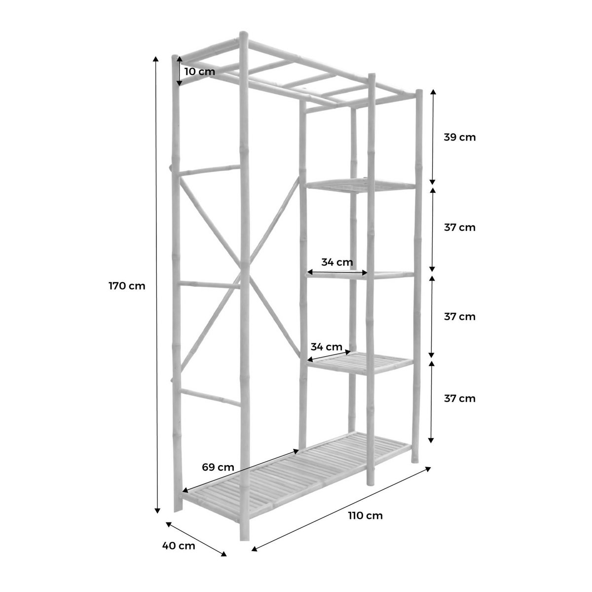 SWEEEK Armoire dressing en bambou. 3 étagères L110 x P40 x H170cm