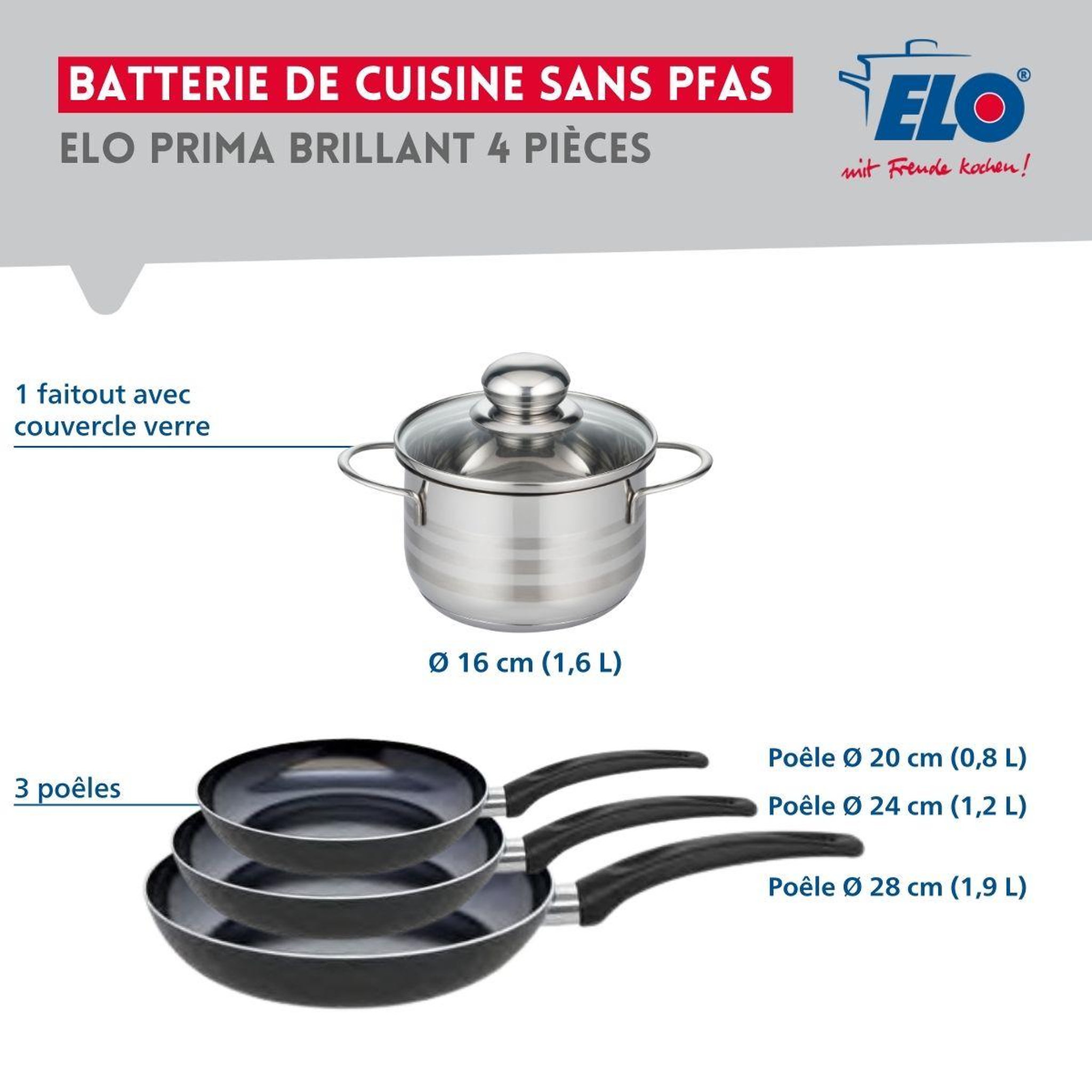 Voir la diapositive 2 : ELO Ensemble de 3 poêles de cuisson 20, 24 et 28 cm et 1 faitout 16 cm elo prima brillant