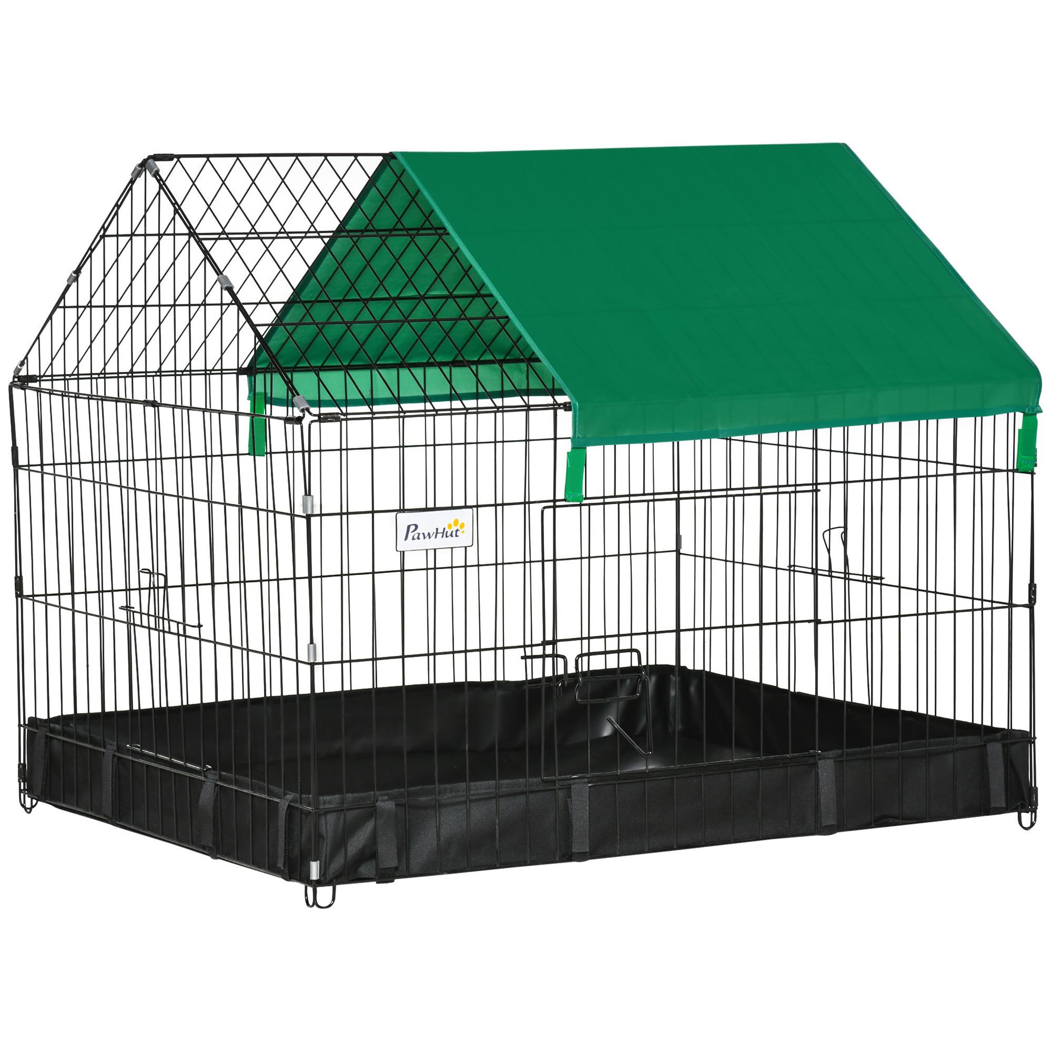 PAWHUT Cage parc enclos rongeurs dim. 90L x 75l x 75H cm - bâche de sol/toit imperméable, porte, trappe - acier oxford noir vert