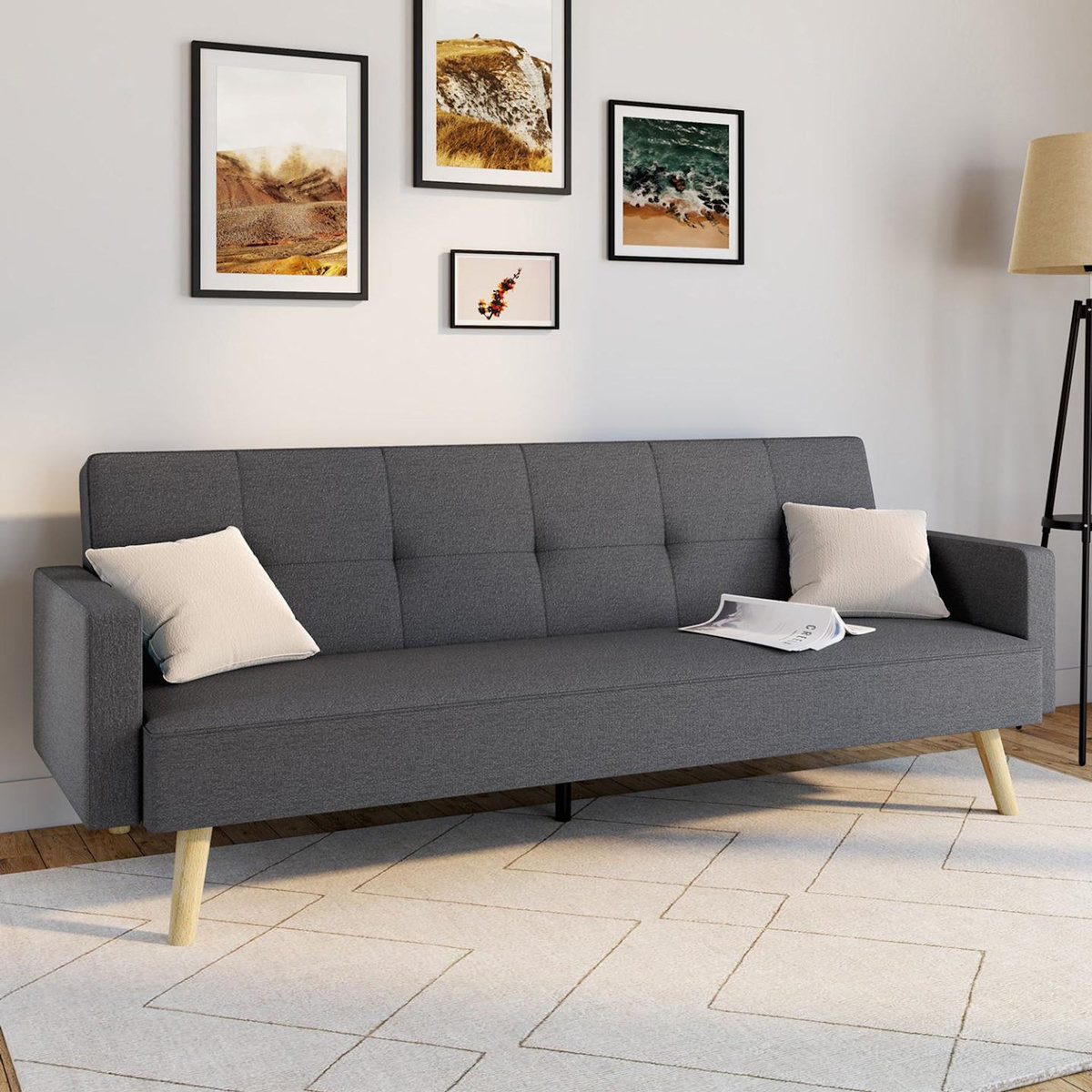 ID MARKET Canapé droit scandinave 3 places convertible LARS en tissu gris