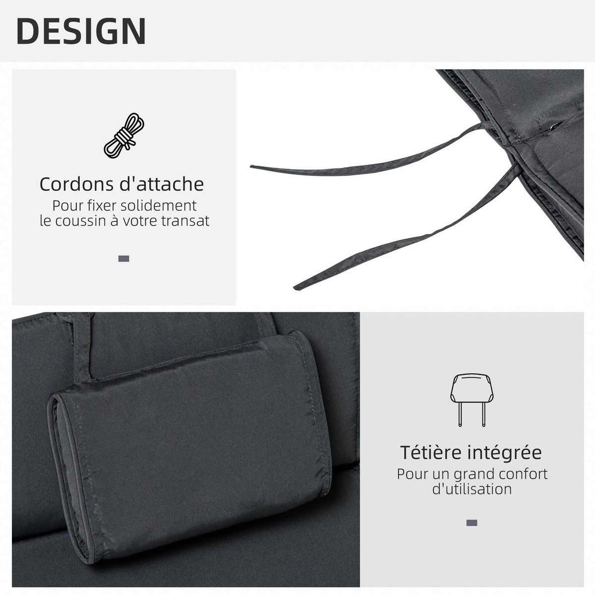 OUTSUNNY Matelas bain de soleil déhoussable - coussin de transat - matelas de chaise longue - 198 x 53 x 5 cm - tissu gris