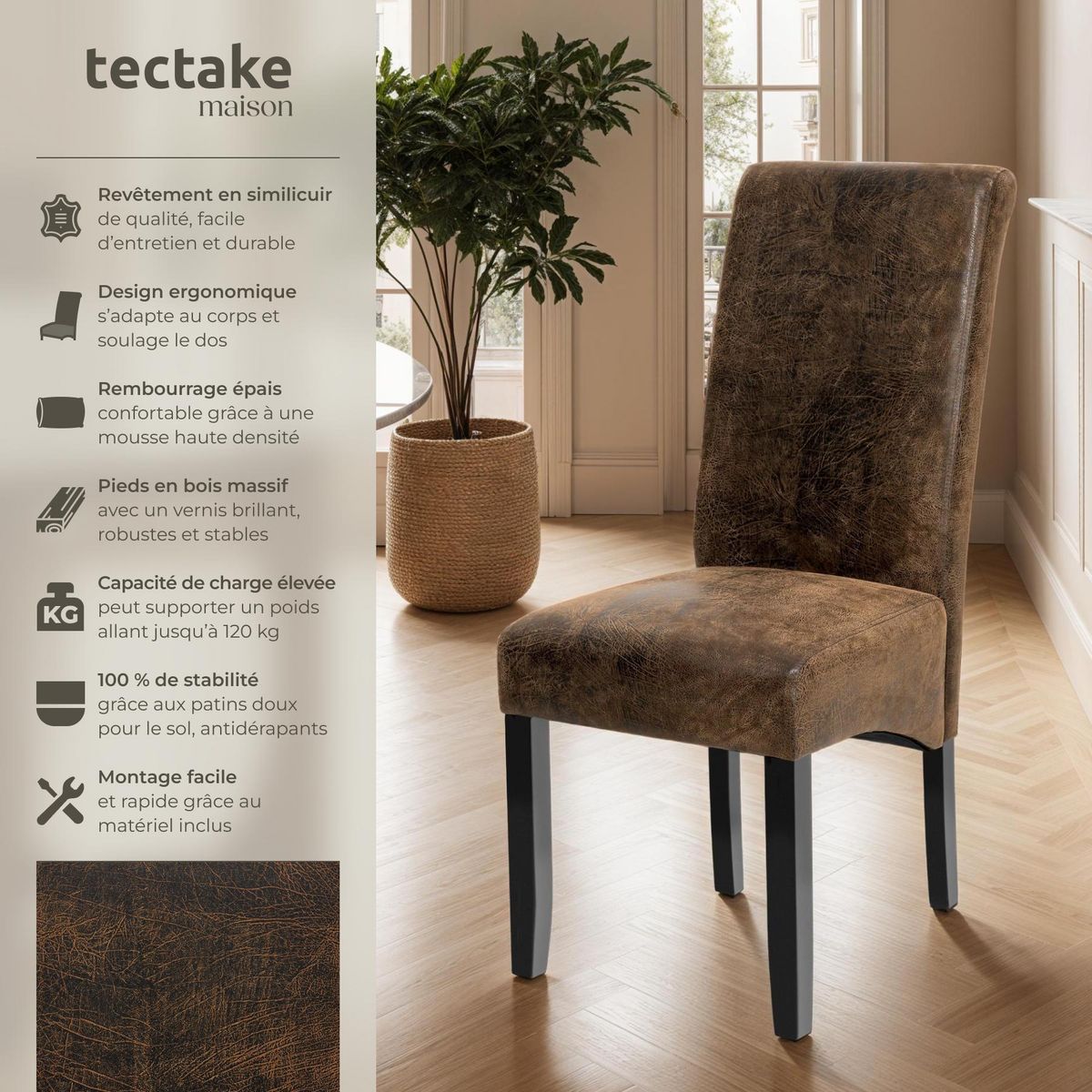 tectake Chaise de salle à manger avec revêtement en cuir synthétique marron foncé Lot de 6