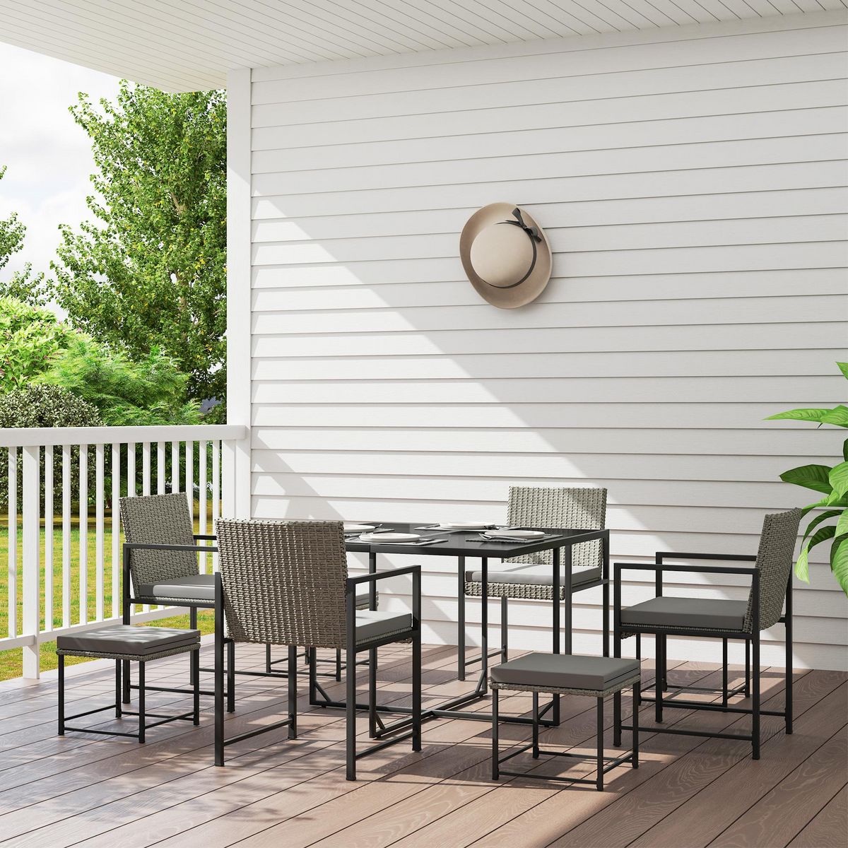 OUTSUNNY Ensemble salon de jardin 8 places 9 pièces - 4 fauteuils, 4 tabourets, table à manger - acier résine tressée gris