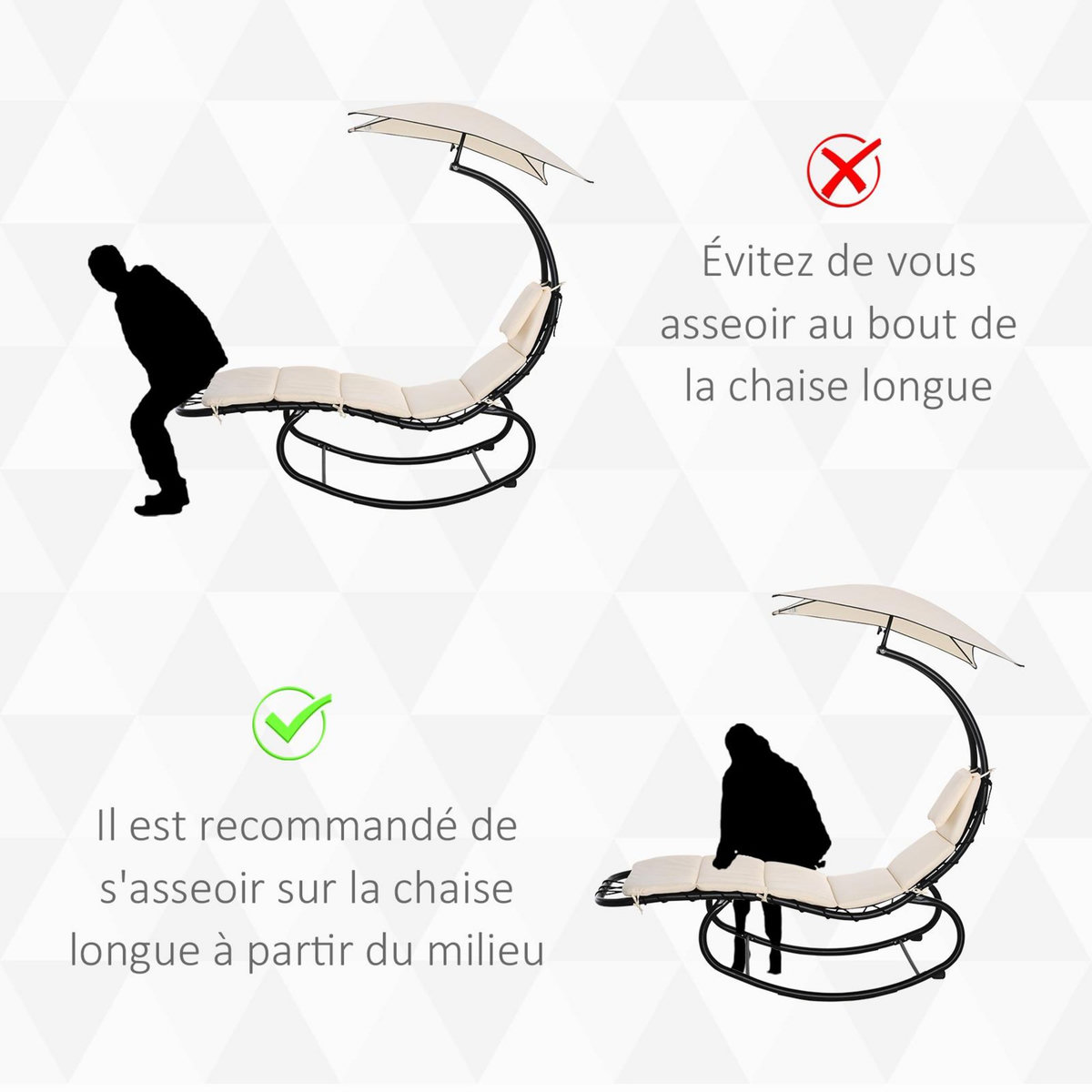 OUTSUNNY Bain de soleil transat à bascule design contemporain avec pare-soleil, matelas grand confort, tétière métal époxy noir polyester crème