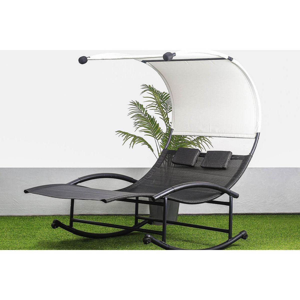 CONCEPT USINE Transat double à bascule avec auvent noir et écru ESSAOUIRA