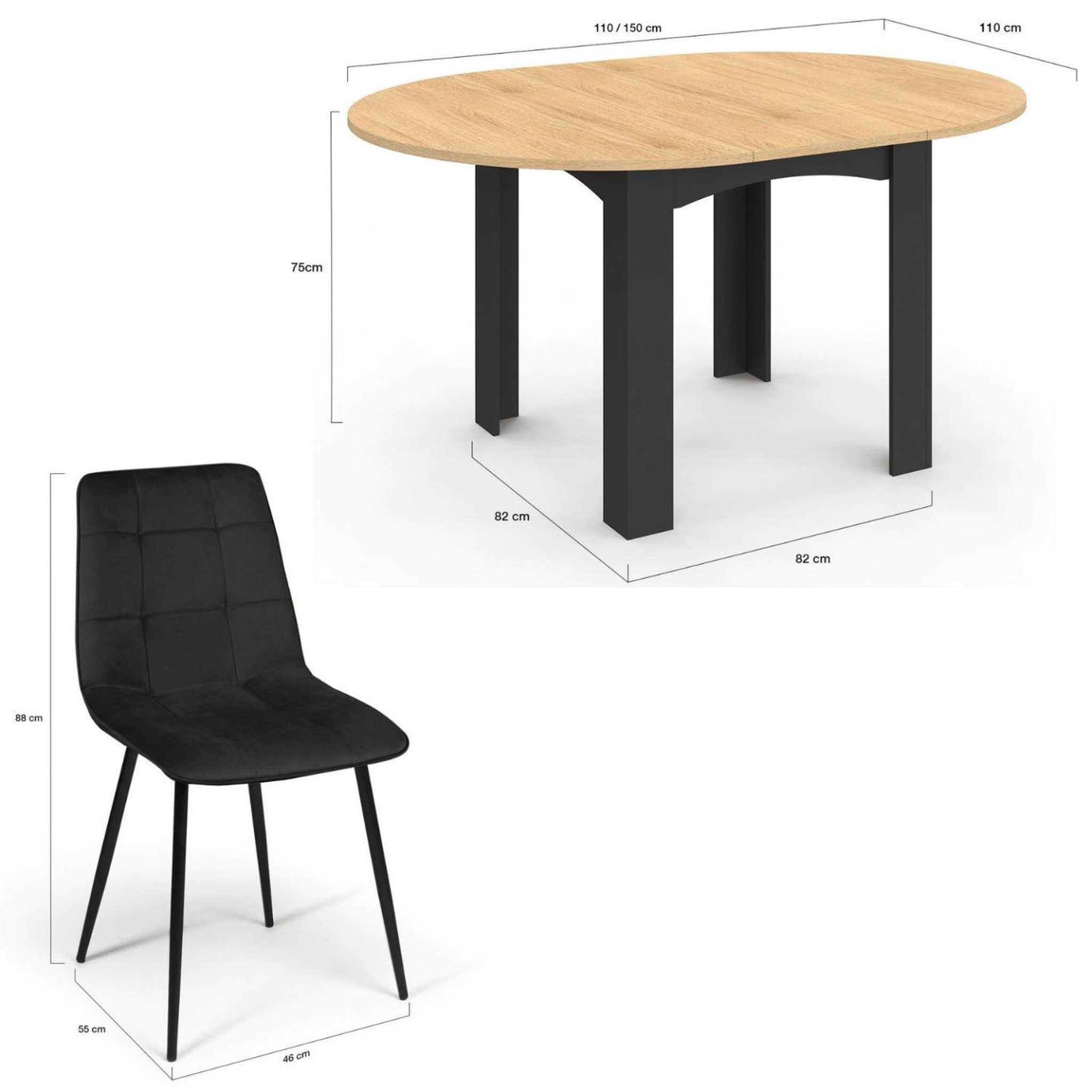 Voir la diapositive 6 : ID MARKET Ensemble table à manger extensible ronde dona noire plateau façon hêtre 110 - 150 cm et 6 chaises mila velours noir
