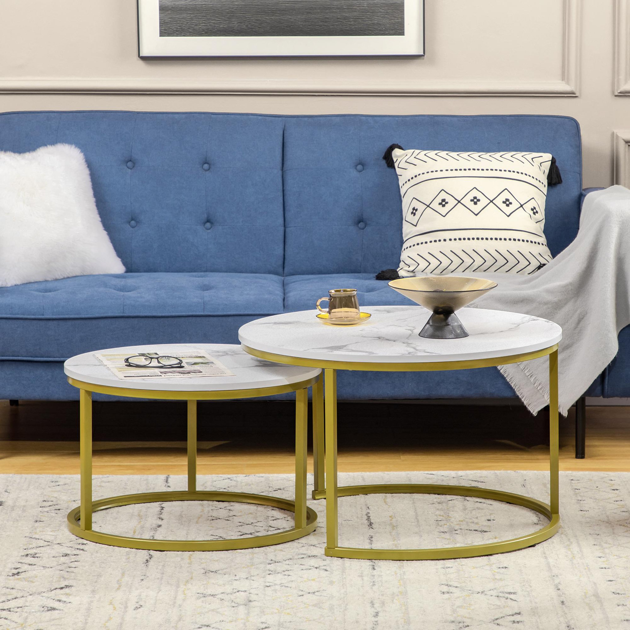 Voir la diapositive 4 : HOMCOM Lot de 2 tables basses gigognes rondes style art déco - acier doré panneaux aspect marbre blanc