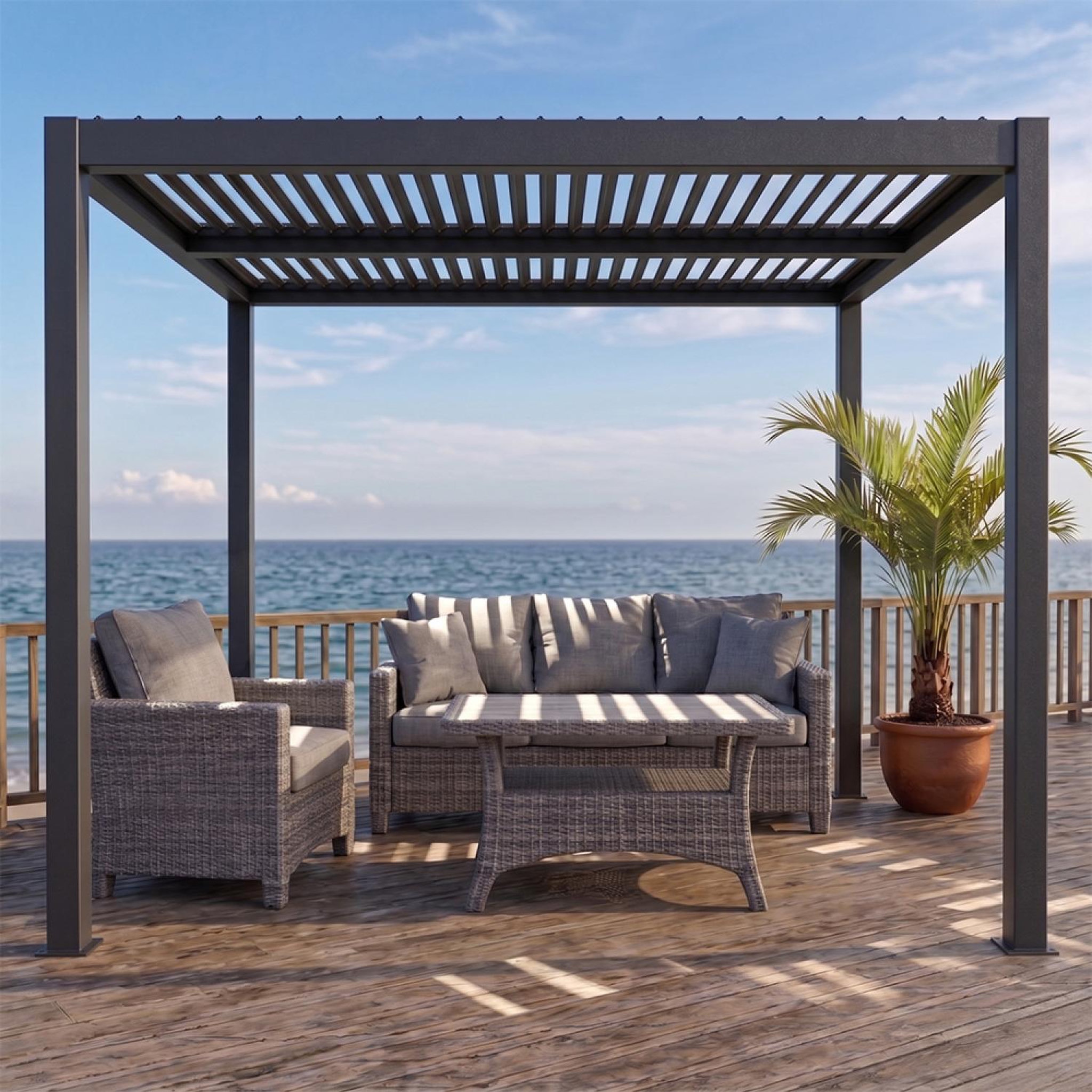 Voir la diapositive 6 : CONCEPT USINE Pergola bioclimatique structure et lames orientables en aluminium 3x3m rhodes