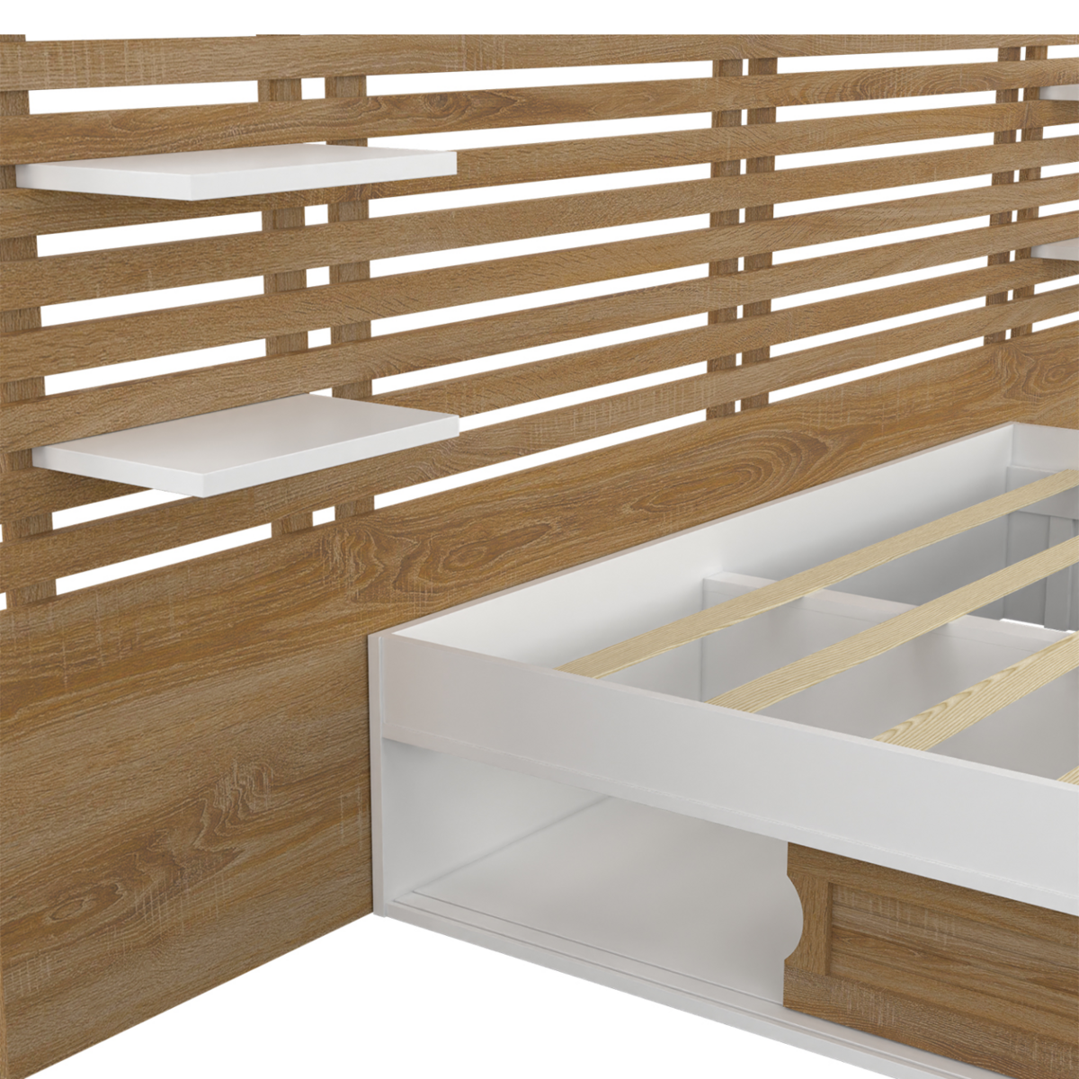 ID MARKET Lit double SAVANA avec tête de lit, chevets, rangements et sommier 140 x 190 cm hêtre et portes blanches