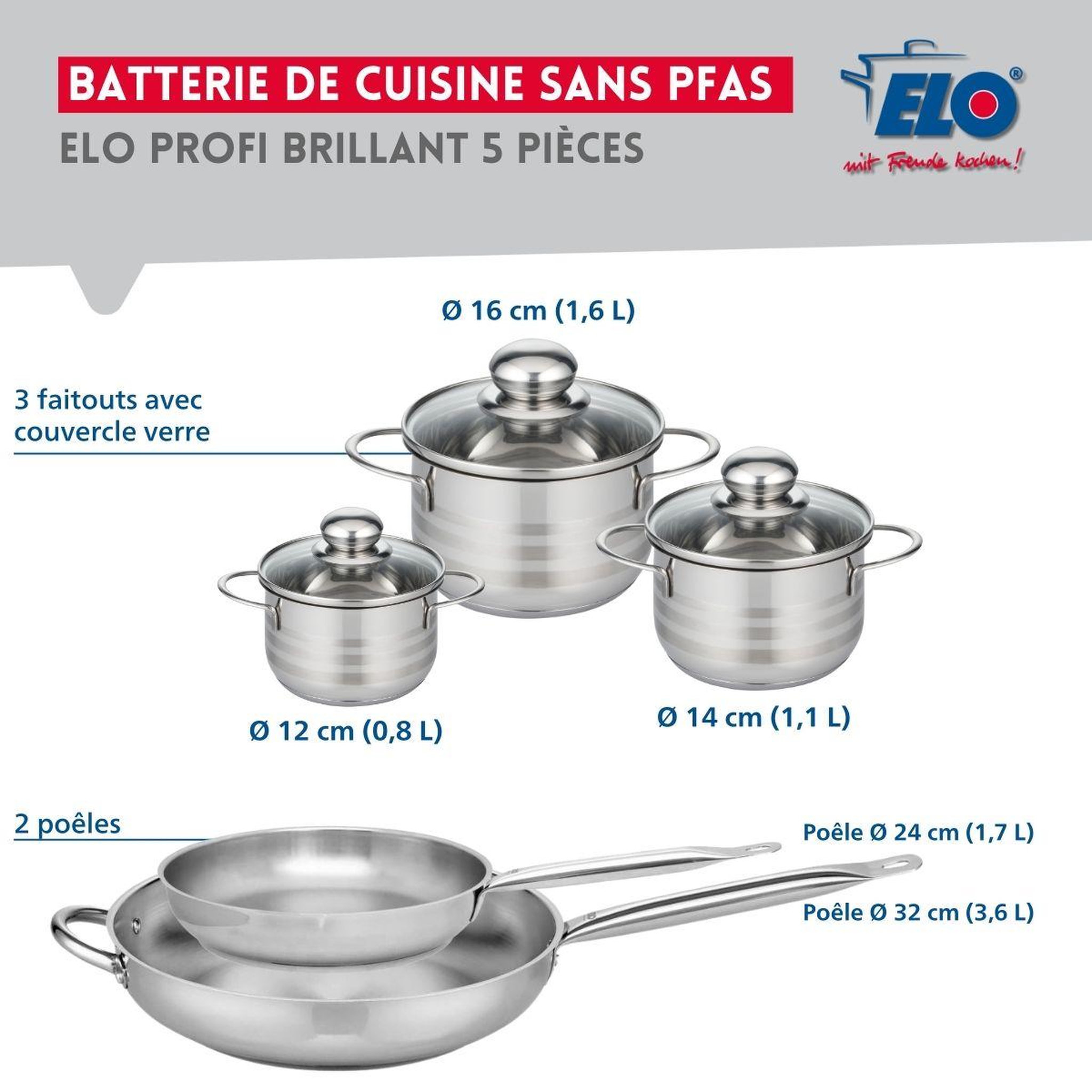 Voir la diapositive 2 : ELO Ensemble de 2 Poêles de cuisson 24 et 32 cm et 3 faitouts 12, 14 et 16 cm Elo Profi Brillant