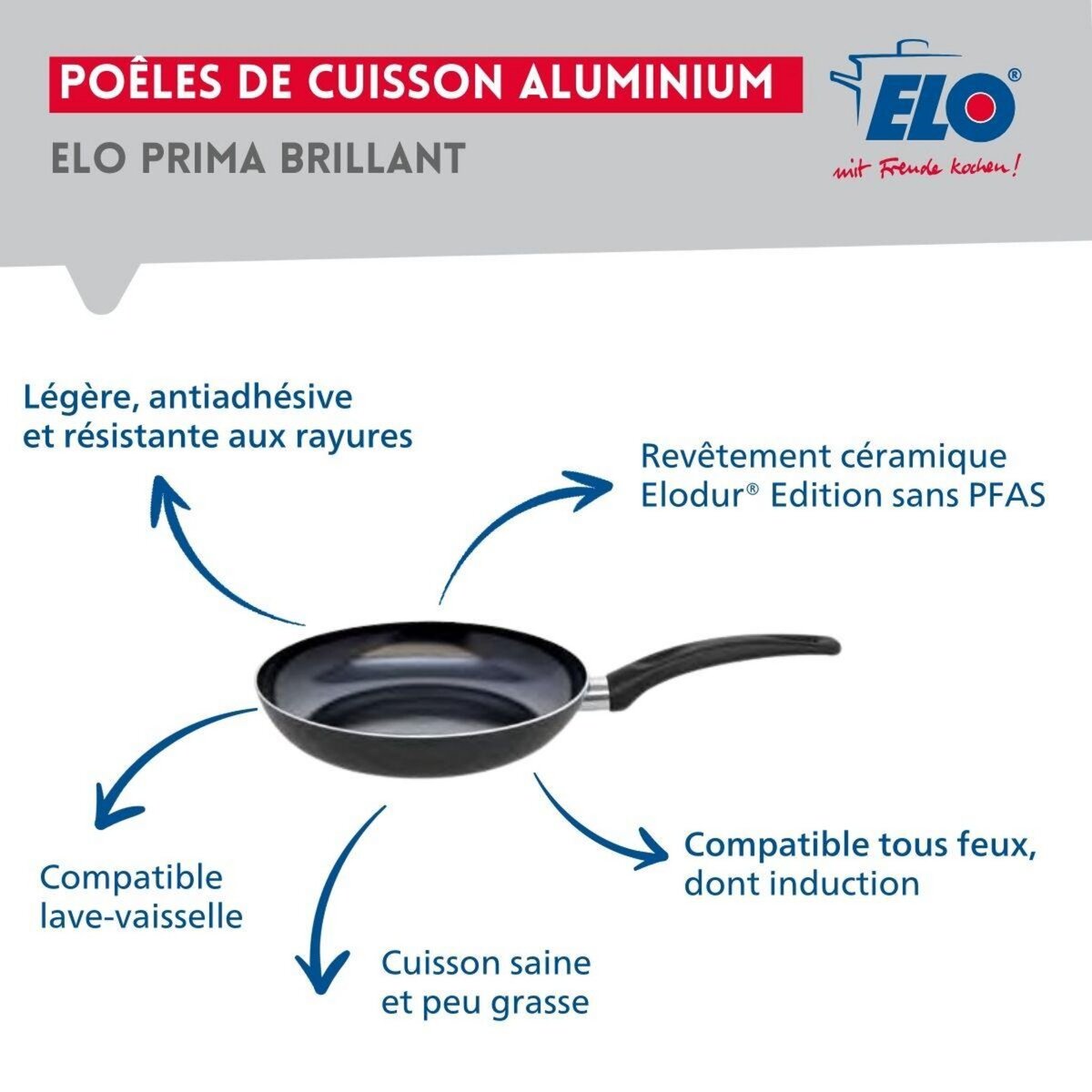 ELO Ensemble de 1 Poêle de cuisson 24 cm et 4 faitouts 12, 14, 20 et 24 cm Elo Prima Brillant
