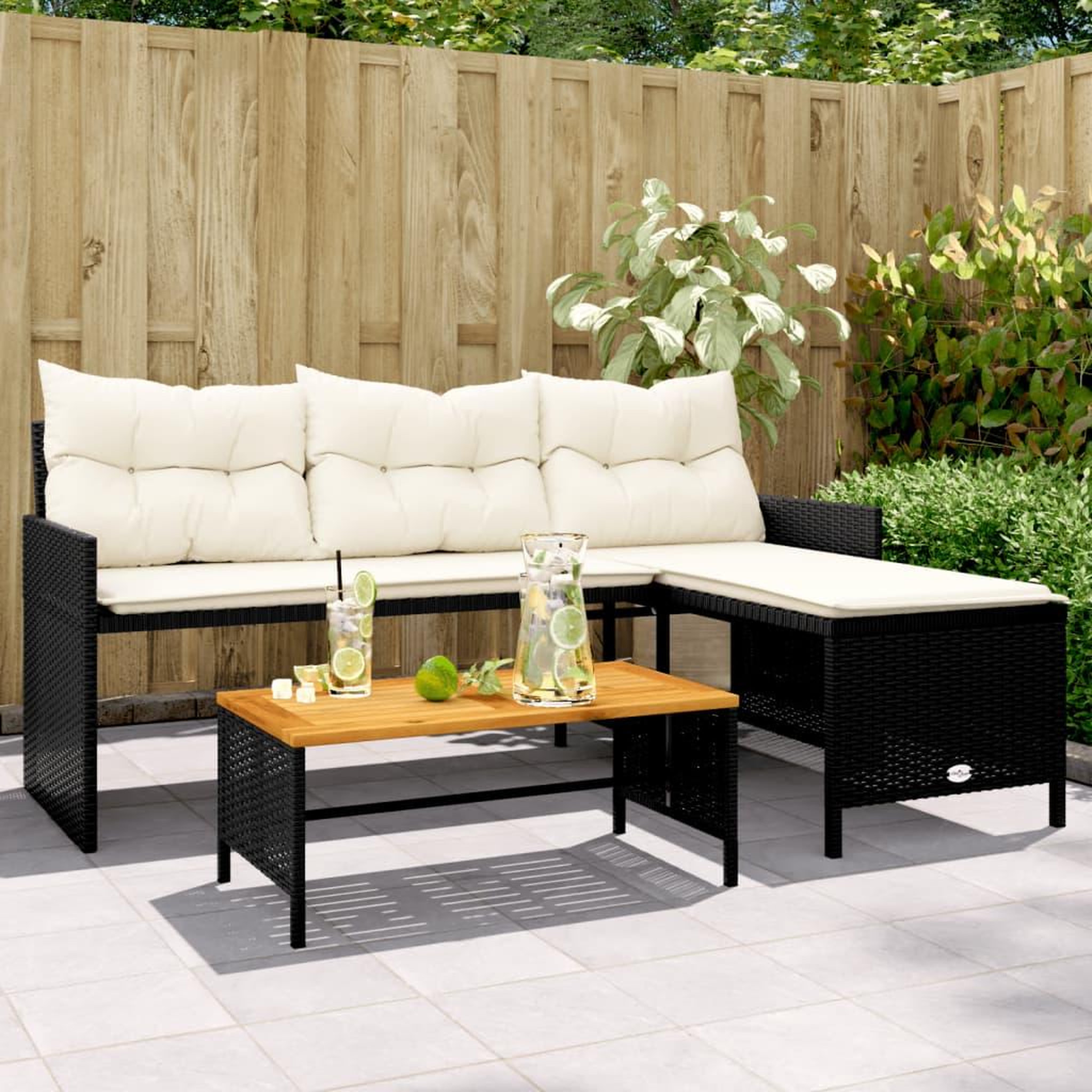 VIDAXL Canape de jardin avec table et coussins en forme de L noir