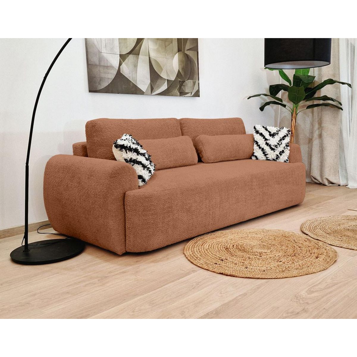 BEST MOBILIER Mahina - canapé droit 3 places - convertible avec coffre - en tissu bouclette