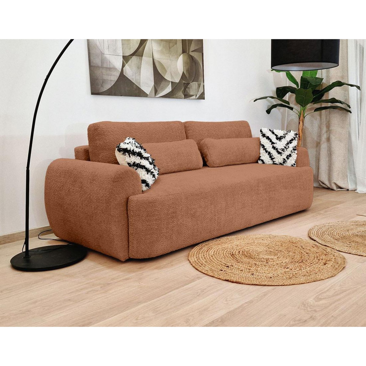 BEST MOBILIER Mahina - canapé droit 3 places - convertible avec coffre - en tissu bouclette