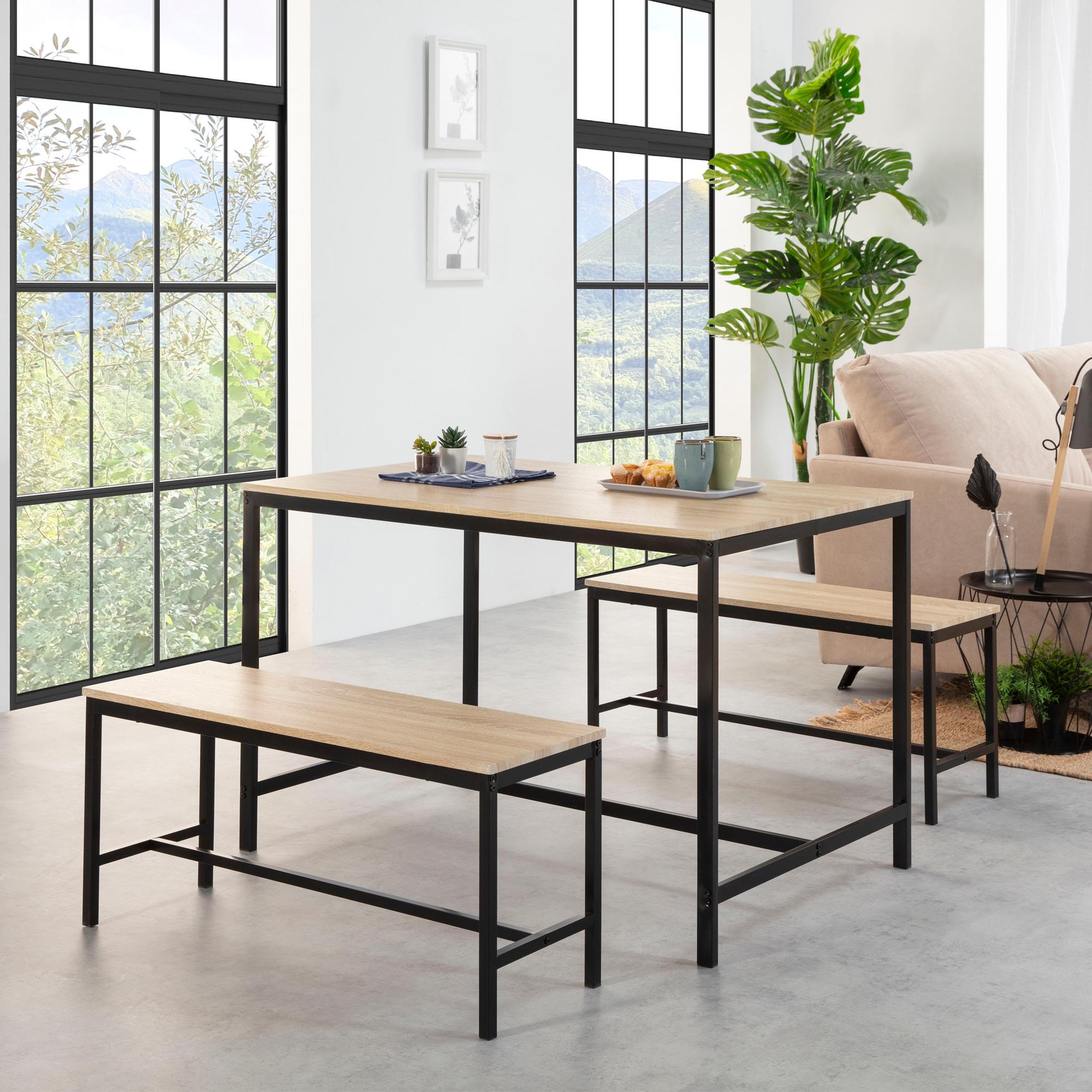 Voir la diapositive 5 : VS VENTA-STOCK Ensemble Table et 2 bancs Lisboa pour Salle à Manger et Cuisine, Structure métallique